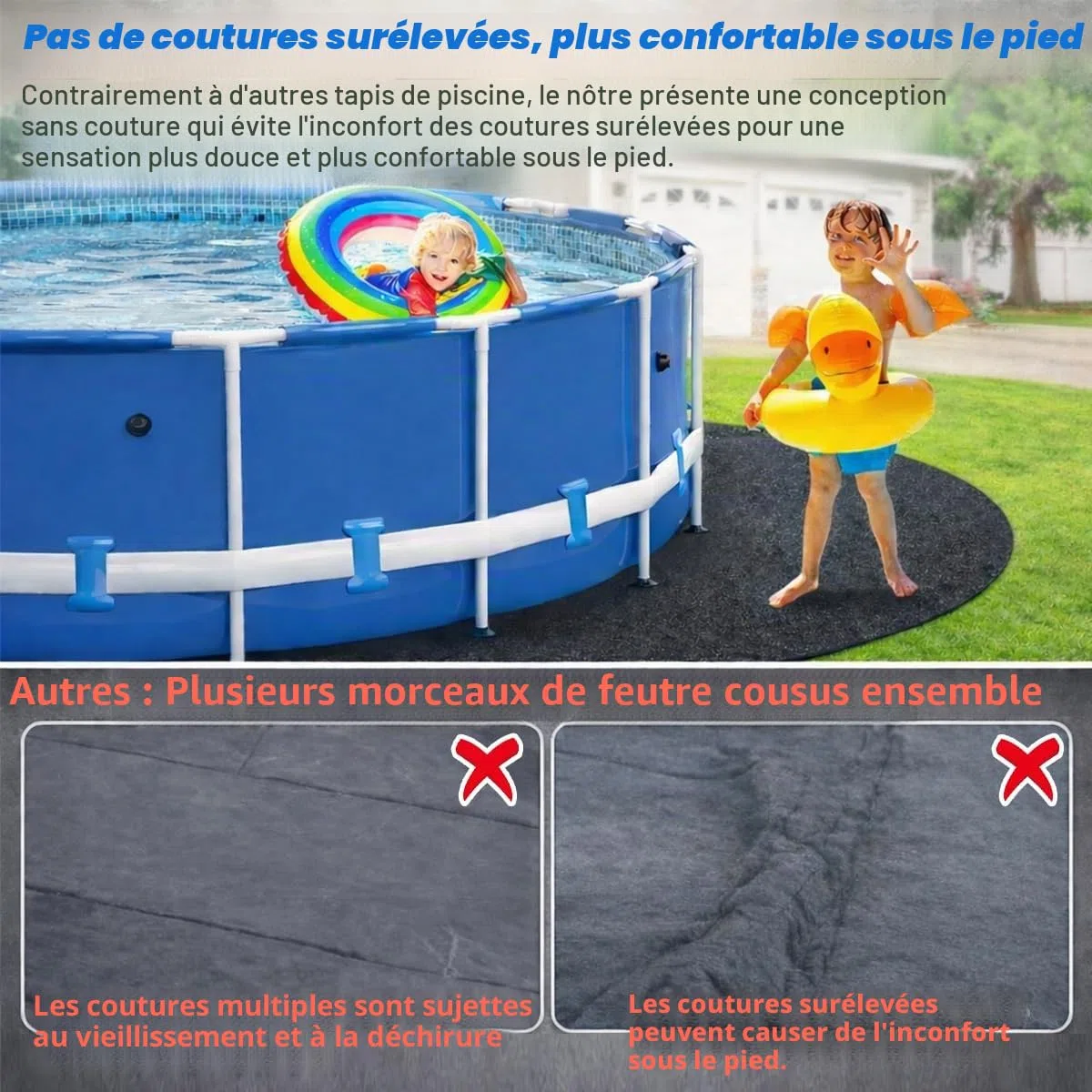 Tapis de piscine épais pour piscine hors sol, tapis rond de 4,6 m pour fond de piscine, confort sans couture, double densité, résistant aux perforations, noir