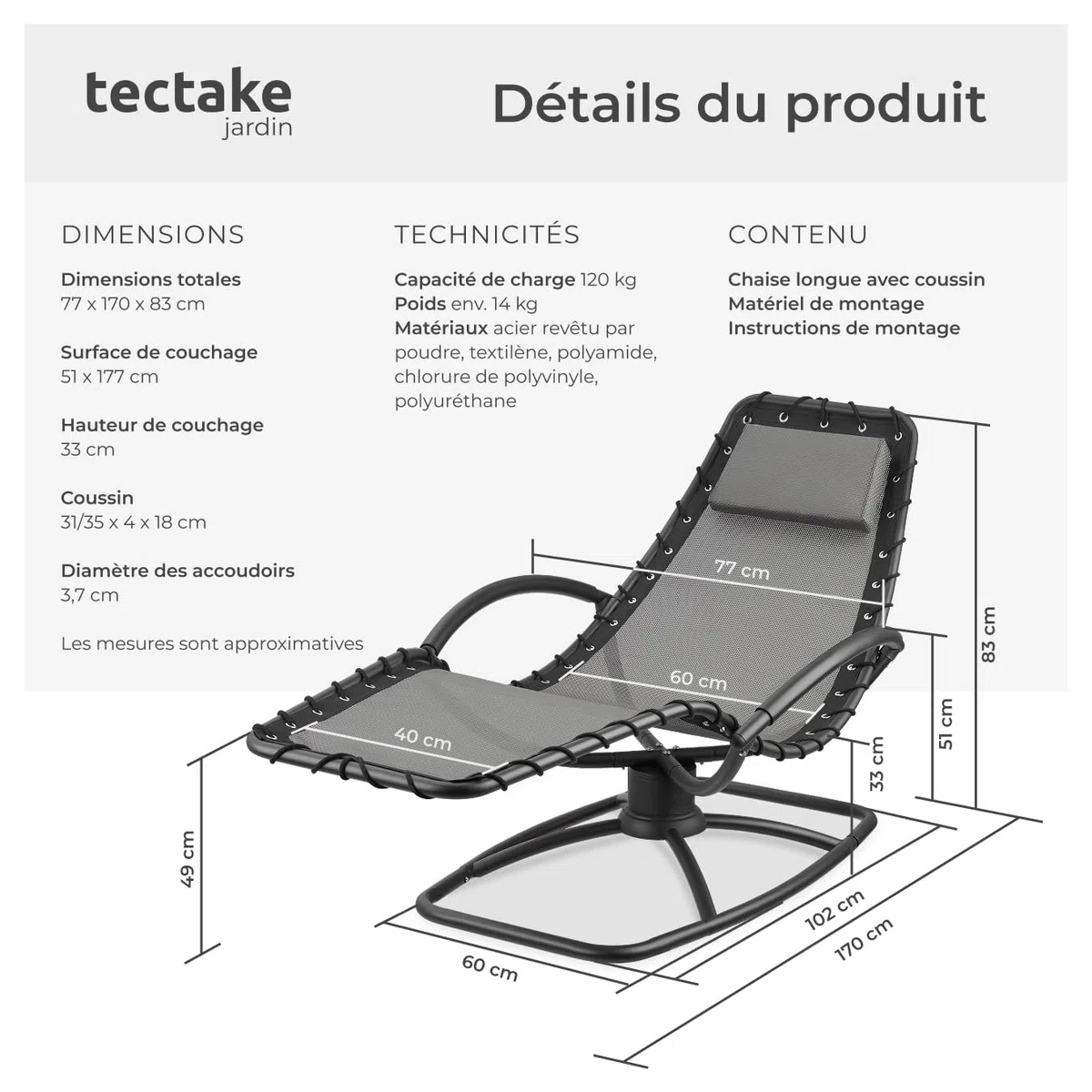 tectake® Chaise Longue Bain de Soleil Ergonomique et à Bascule Max. 120Kg, Imperméable, Transat Jardin Exterieur Relaxation Camping Salon de Jardin Exterieur Amenagement Balcon Terrasse Piscine Lounge