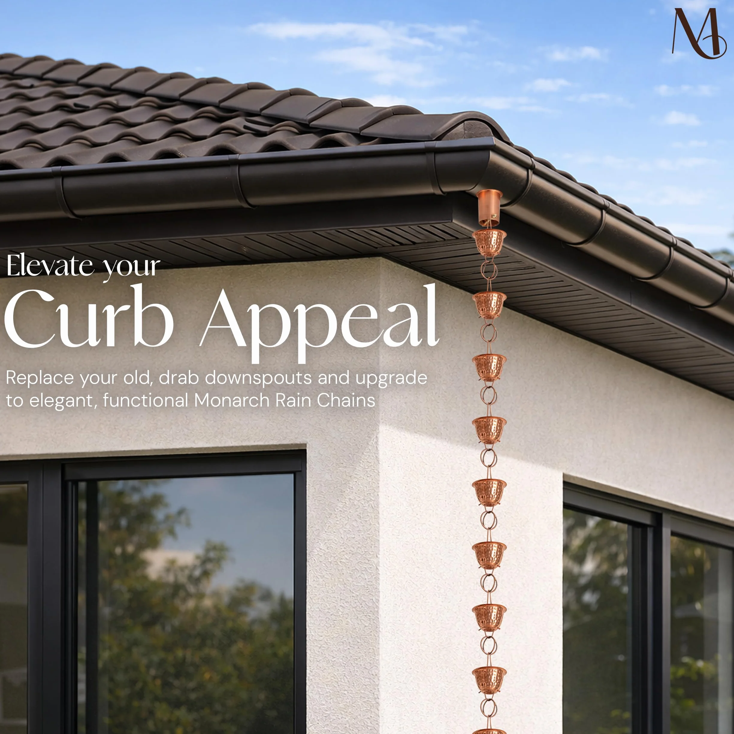 Monarch Rain Chains 26558, haîne de Pluie forgée en cuivre Pur, pour gouttières, Longueur 2,6 m