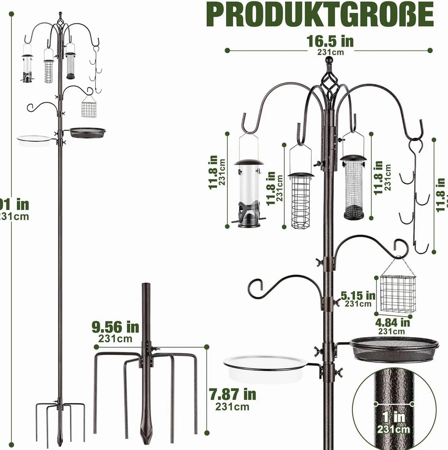 Kit de mangeoire à oiseaux sauvages Urban Deco - Mangeoire à oiseaux robuste - Ensemble de poteau de mangeoire à oiseaux suspendu - Support multi-mangeoires avec mangeoire à graisse en métal - Bain