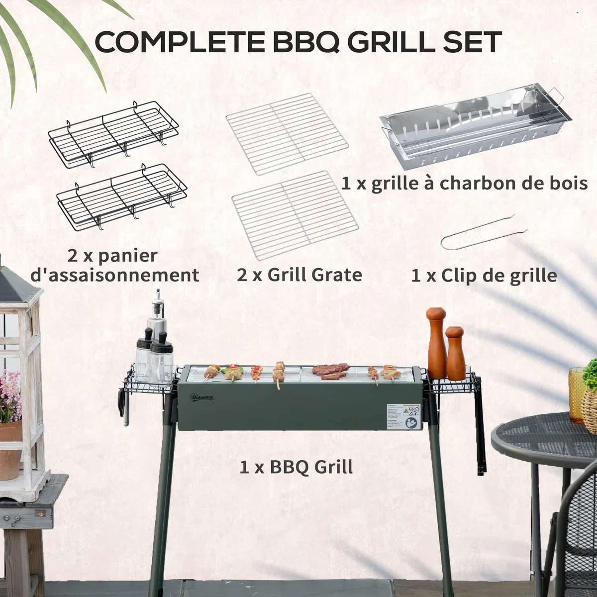 Outsunny Barbecue au charbon de bois avec 2 grilles, Portable BBQ Grill sur Pieds amovibles et 2 paniers latéraux, 94L x 39l x 70H cm, vert foncé