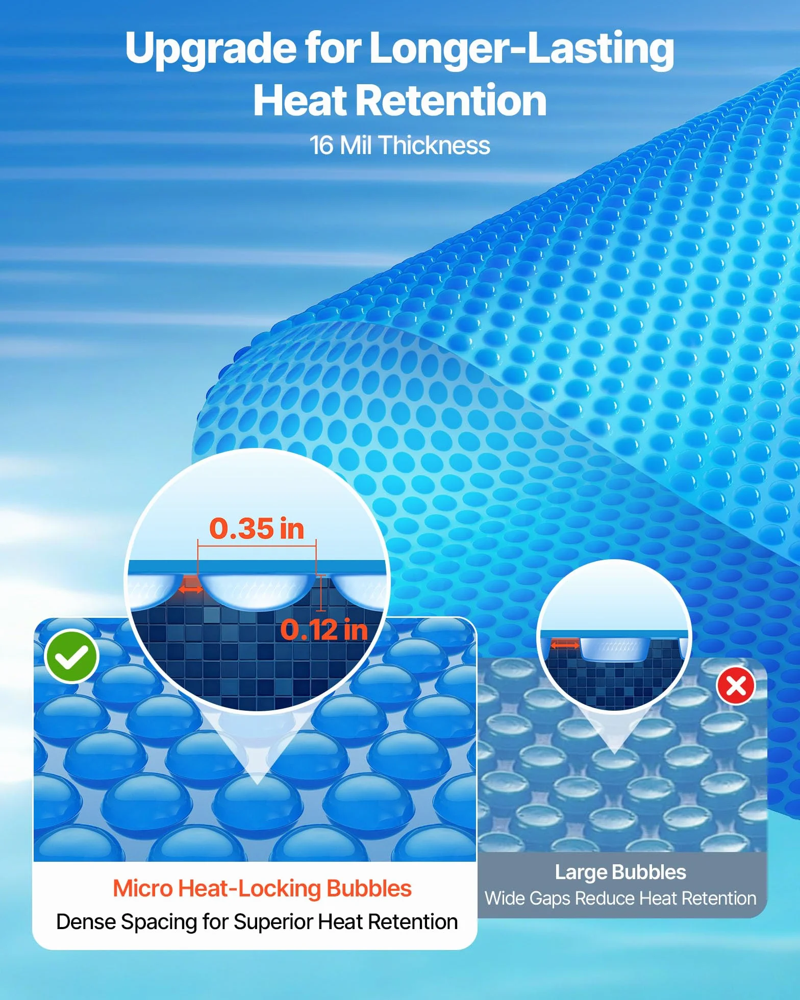 VEVOR Bâche Solaire Piscine Ronde 7,3 m Couverture Solaire Piscine 0,4 mm Bâche à Bulles en Polyéthylène PE pour Piscines Hors Sol Creusées, Absorption de Chaleur Jour et Rétention Chaleur Nuit, Bleu