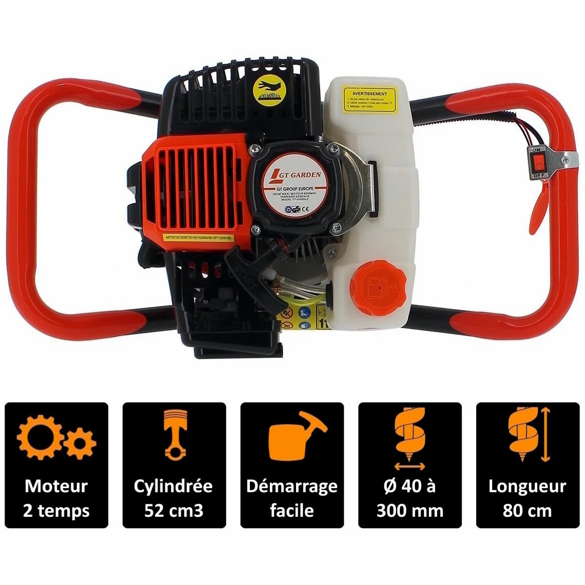 Tarière thermique 52 cm3, 3 CV + lot de 3 mèches (100, 150 et 200 mm)