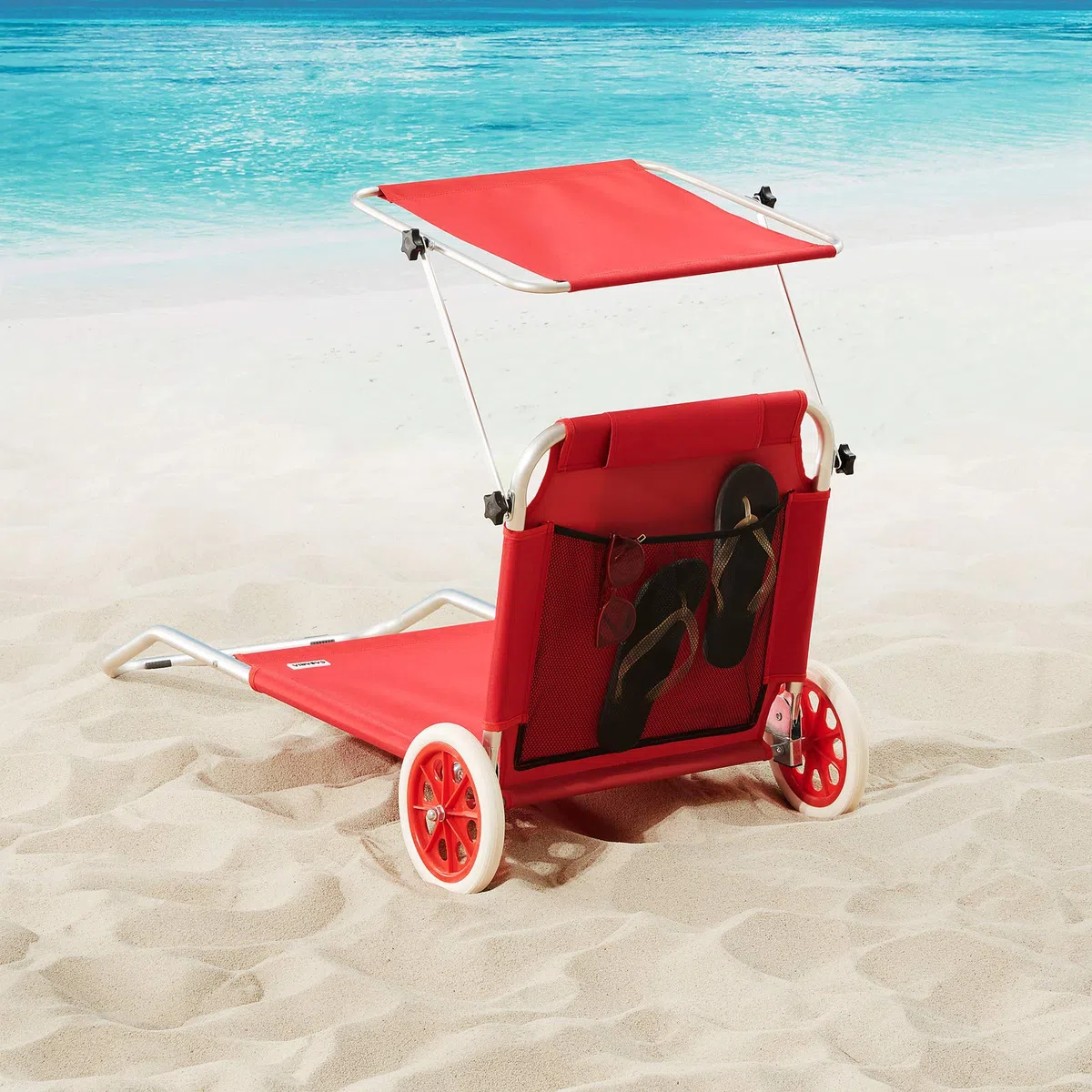Casaria Chaise Longue de Plage Crête Rouge transat Pliable Chariot de Transport avec Pare Soleil réglable Camping Voyage