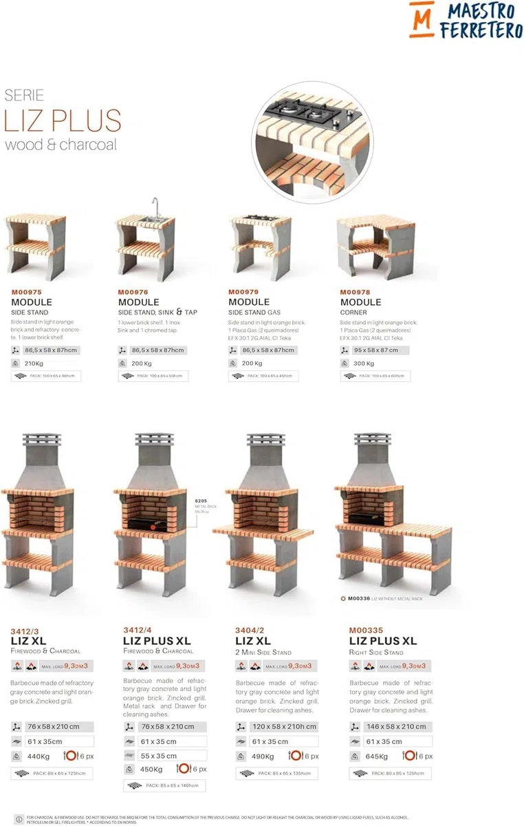MOVELAR - Barbecue préfabriqué à bois et charbon de bois en béton réfractaire modèle Liz XL (Gris, Orange - 76 x 58 x 210 cm) REF: 3412/4 - Cuisine extérieure compacte pour terrasse, patio ou jardin