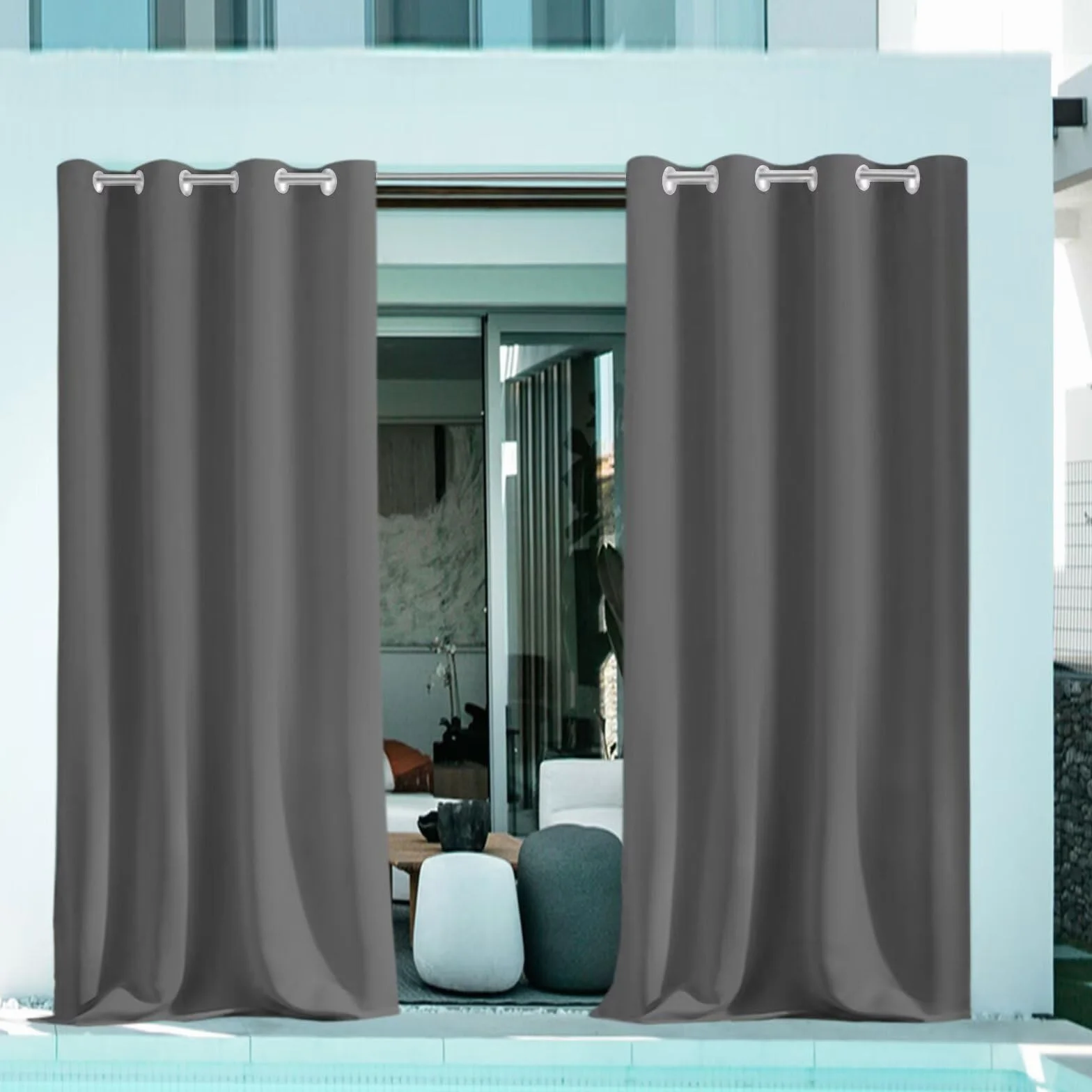 Rideau Exterieur Impermeable 240x190cm Occultant Hydrofuges Isolation Thermique à Oeillets Polyester Rideau Occultant Exterieur pour Balcon Patio Jardin Véranda Tonnelle Gris Foncé