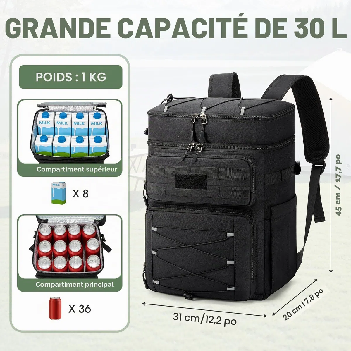 RAINSMORE Sac a Dos Isotherme Glaciere 30L Étanche pour Pique-Nique Sac a Dos Isotherme Repas Adulte Imperméable pour Plage Camping BBQ Noir