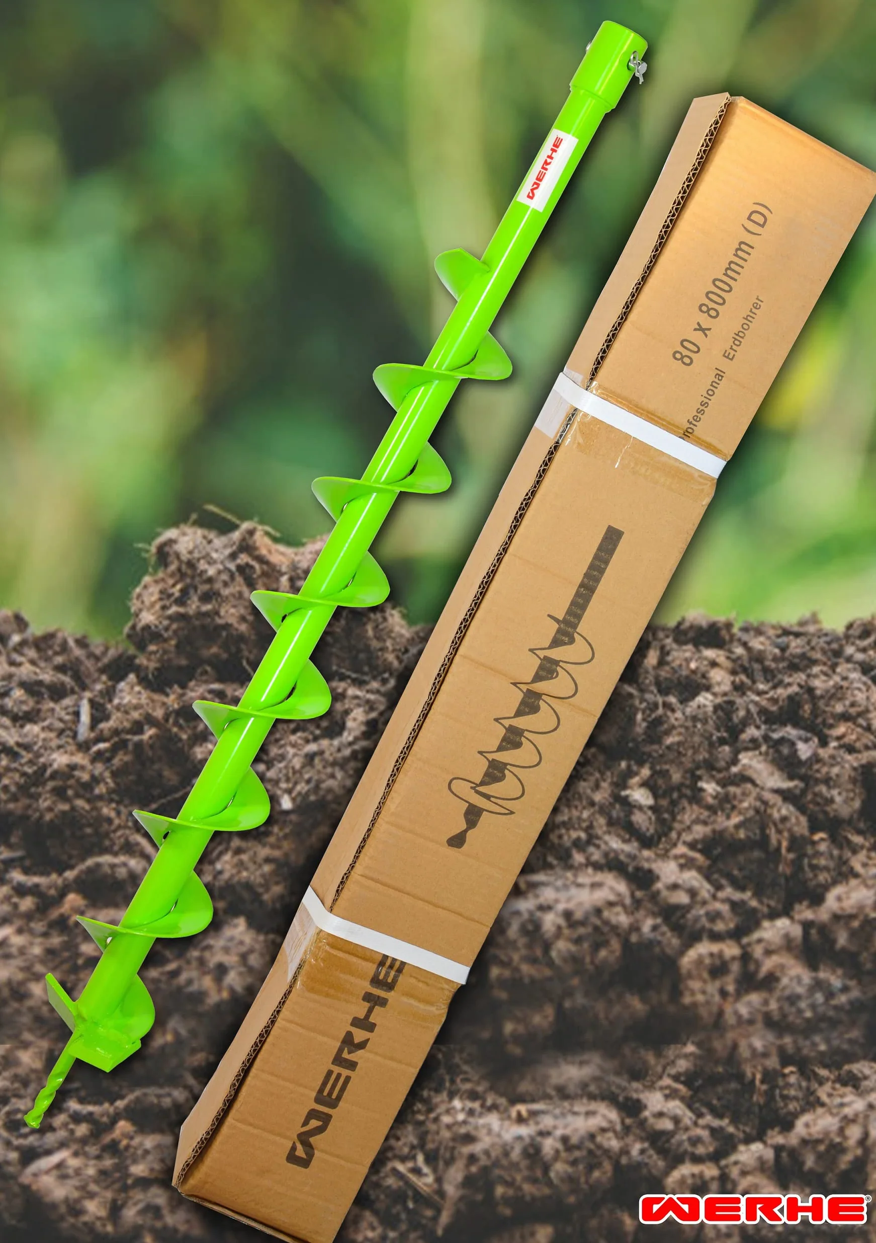 Kit tarière WERHE Ø80mm, longueur 80cm avec adaptateur SDS Plus – Utilisable avec une perceuse SDS Plus standard, idéal pour la pose de clôtures et le jardin