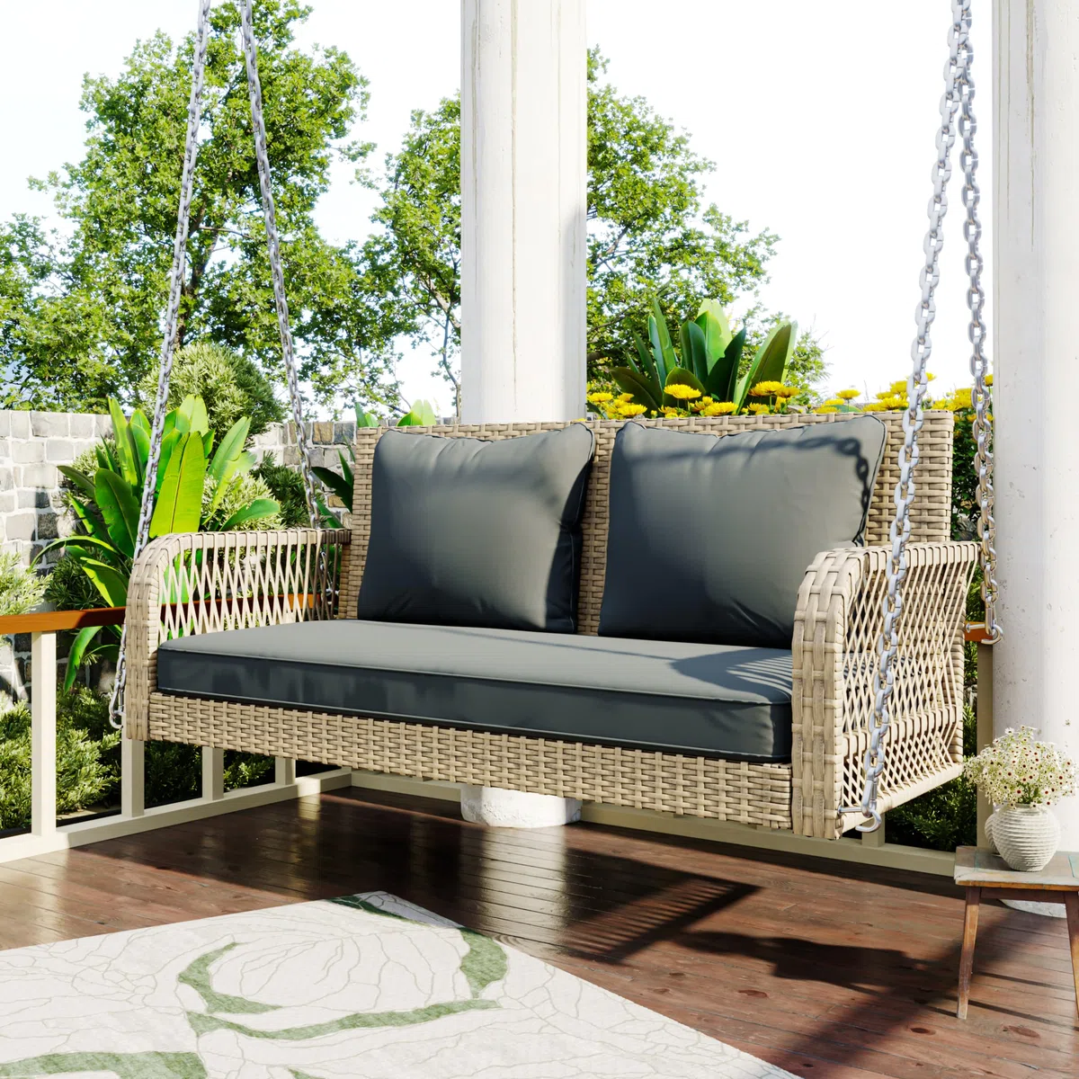 BTM Balancelle de Jardin 2 Places avec Coussins Gris Amovibles, Balançoire Suspendue de Jardin en Rotin, Balançoire Hollywoodienne avec 2 Chaînes en Métal, Chaise hamac Suspendue, Beige