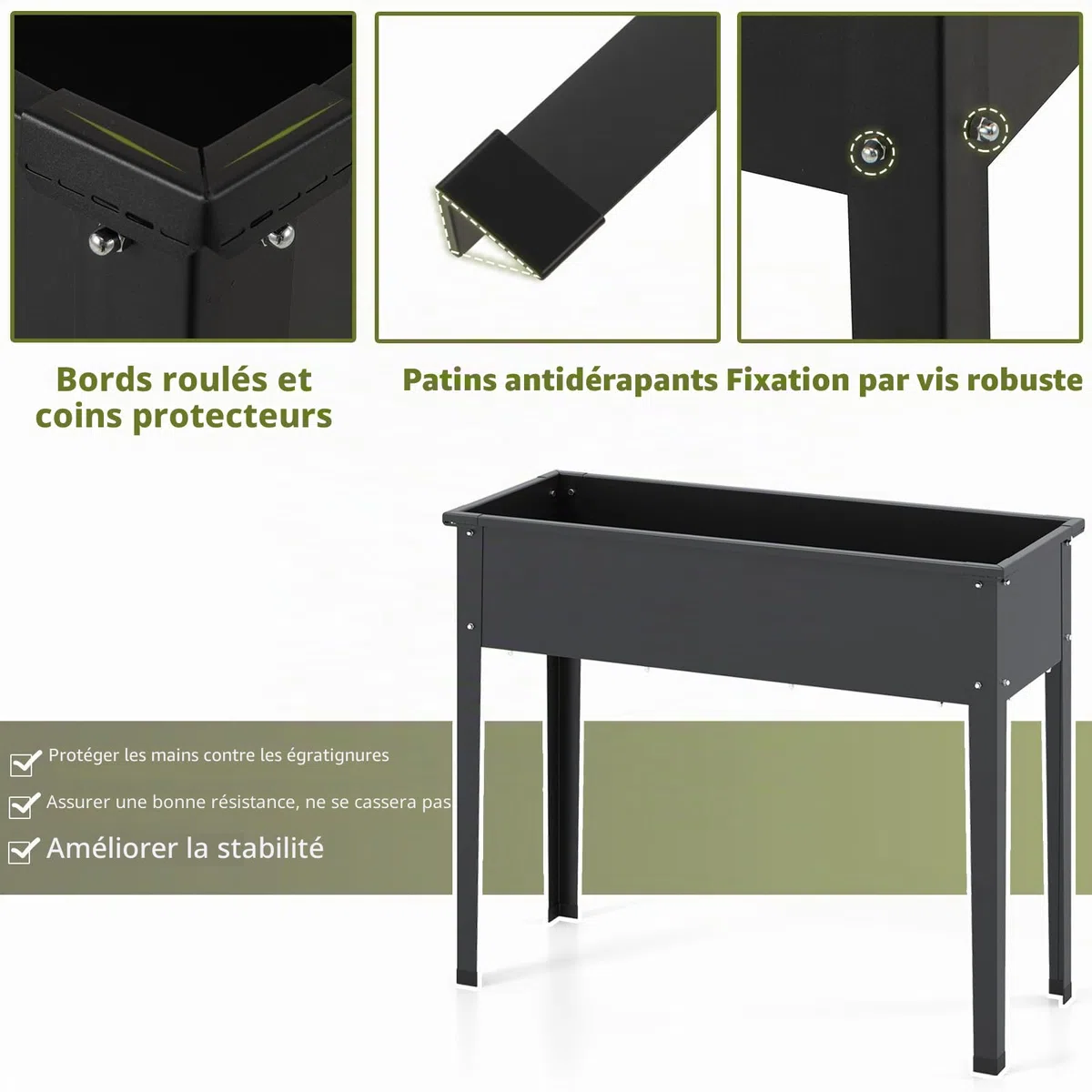 HOMASIS Jardinière sur Pieds en Métal, Jardinière Surélevé avec Trou de Drainage, Potager Surélevé Rectangulaire pour Balcon, Jardin et Terrasse (Noir, 100 x 40 x 80 cm)