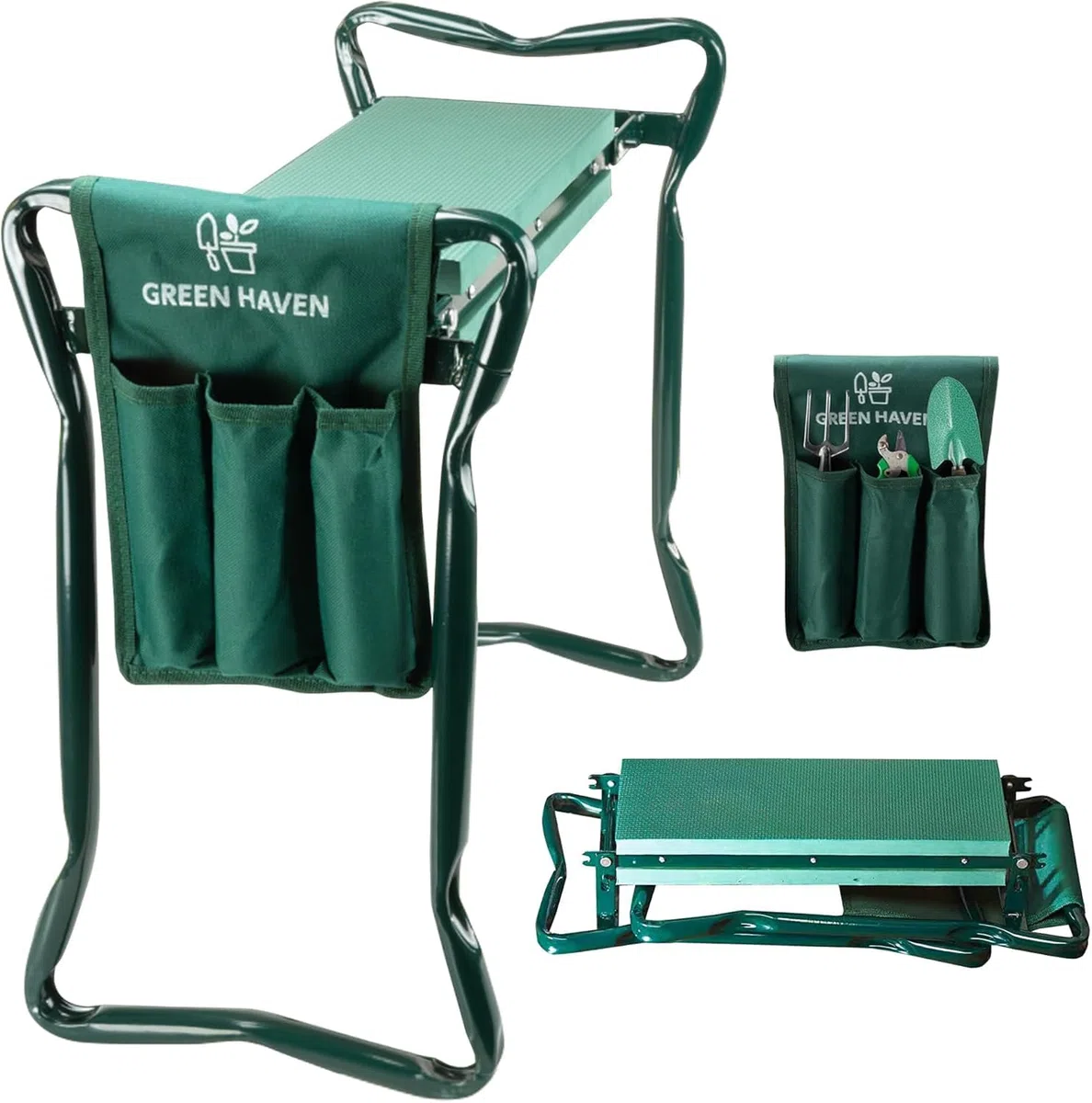 Green Haven Repose-Genoux de Jardin avec poignées et Sac à Outils – Tabouret à Genoux Pliable et Robuste pour Le Jardinage – Coussin de Genoux de Jardin rembourré en Mousse EVA, Cadeau pour Les