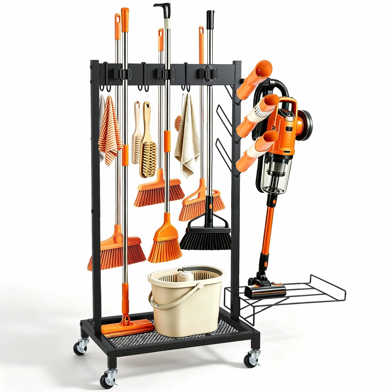 Chariot de Nettoyage, Porte Balai, avec 4 roulettes, 3 Crochets et 6 Emplacements, pour Outils de Jardin, avec Roue et Crochet, Support pour Outils Jardin, Étagère Rangement Nettoyage Mobile