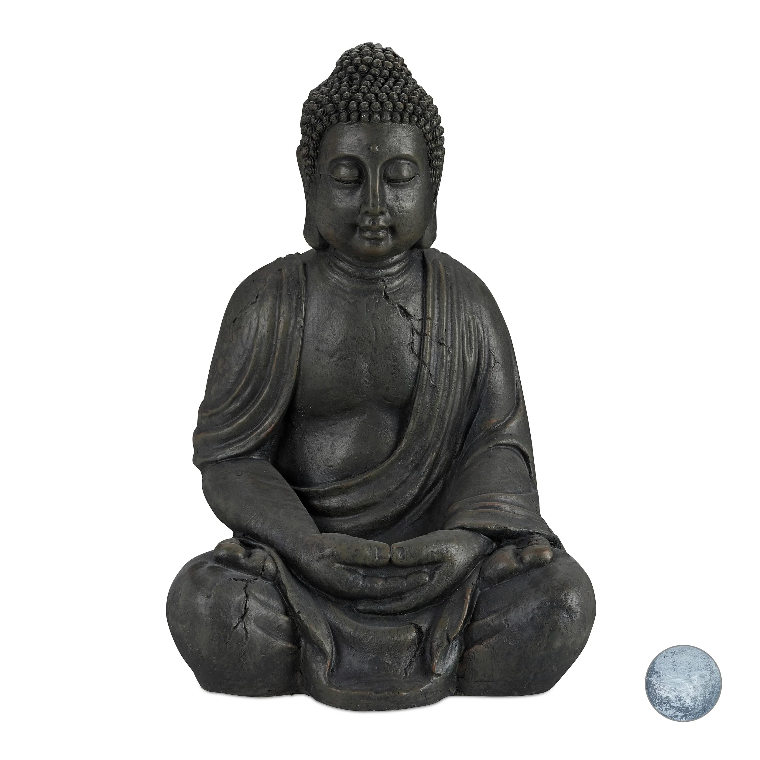 Relaxdays Statue de Buddha Figurine de Bouddha décoration Jardin Sculpture céramique Zen 70 cm, foncé, Gris/argenté/métallique
