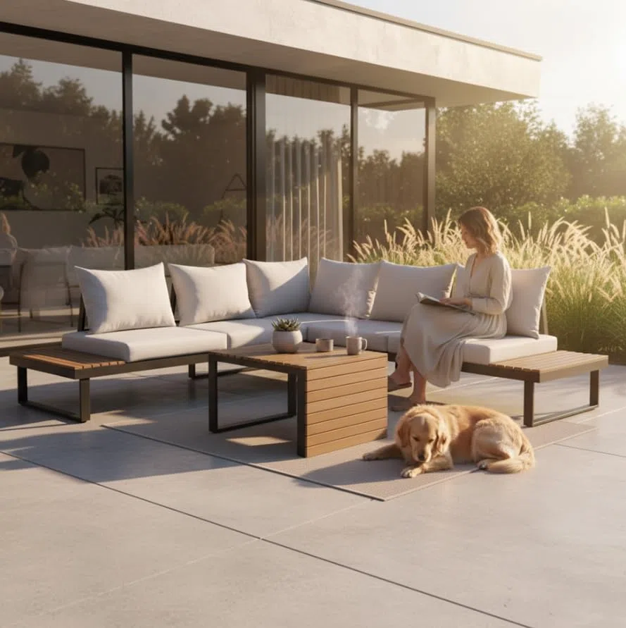 BDW Marbella Salon de jardin en aluminium gris avec polywood design modulaire pour terrasse et jardin, canapé 2 places, canapé d'angle, table basse