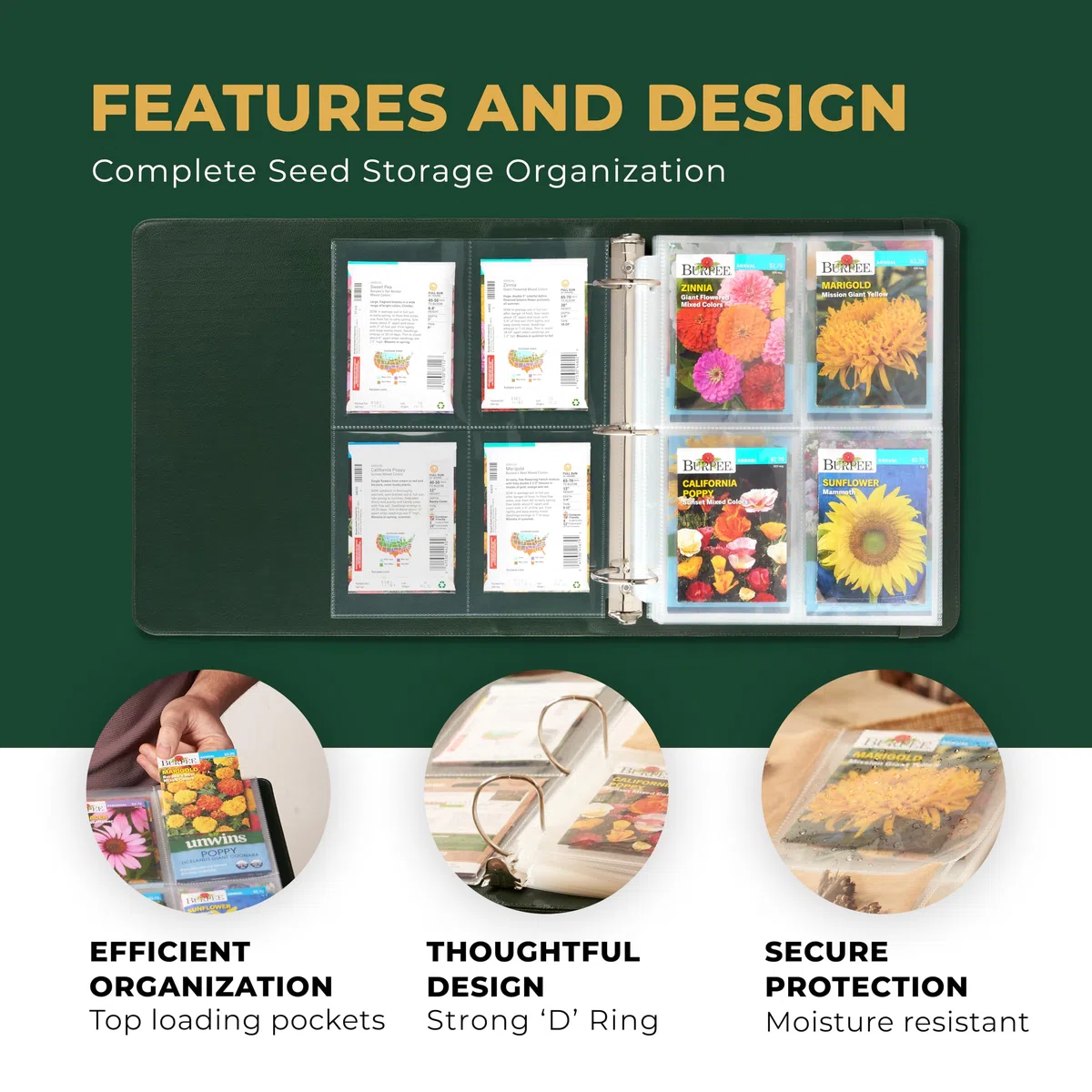 Classeur de rangement de graines – Organiseur de paquets de graines avec 50 protecteurs de feuilles qui stockent 200 enveloppes de graines. Classeur de stockage de graines offrant un kit complet