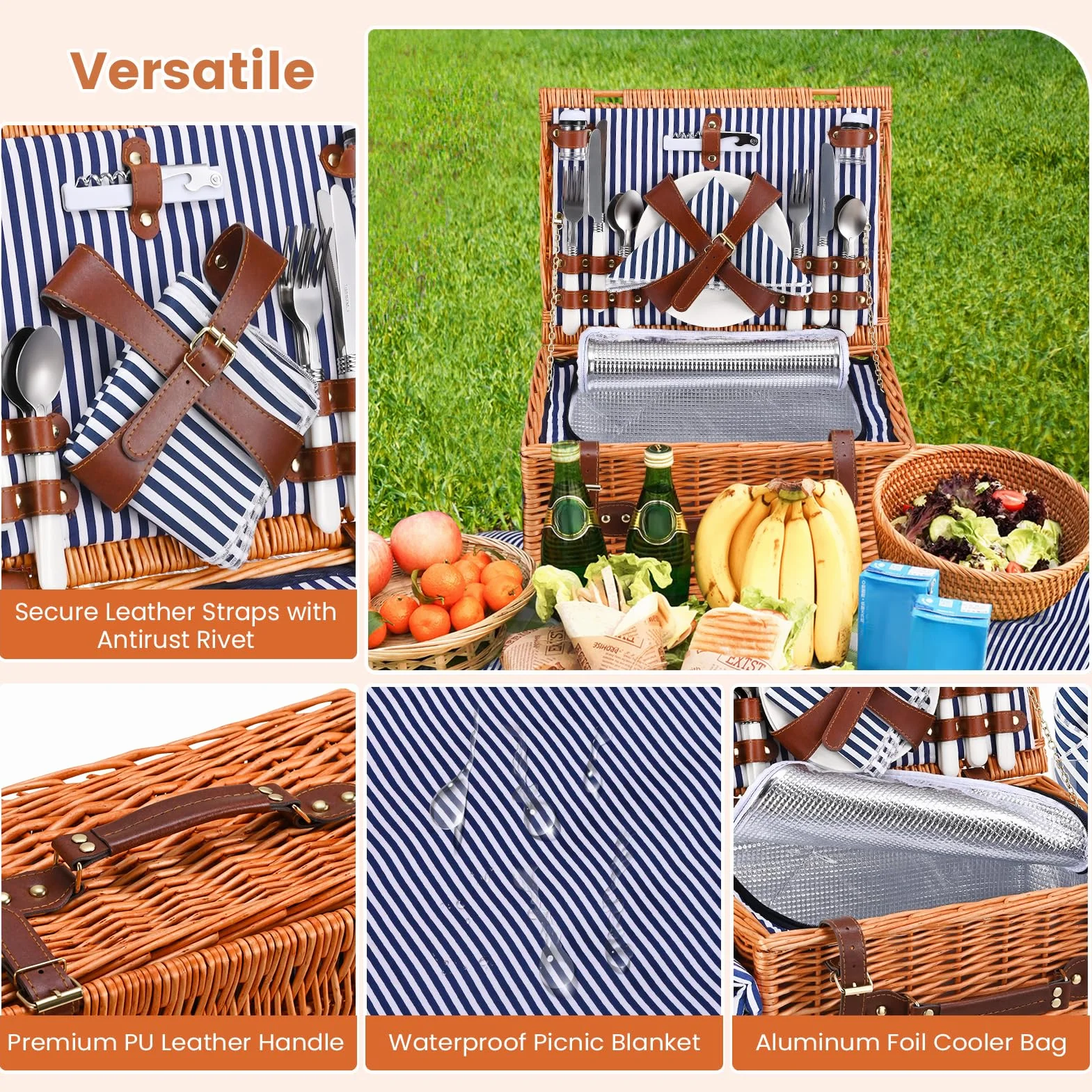 Panier de Pique-Nique en Osier pour 4 Personnes, avec Compartiment Isotherme, Couverture Imperméable, Couverts, pour Camping, Fête en Plein Air, Randonnée (Bleu, Boucles en Cuir)