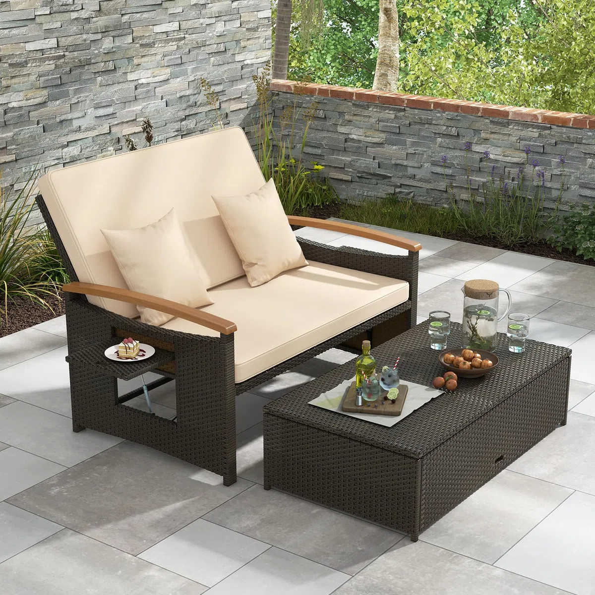 GYMAX 4-en-1 Canapé-Lit de Jardin, Table Basse, Ottoman, Coussins Oreillers Confortables, Dossier Réglable à 4 Niveaux, Salon de Jardin Exterieur en Rotin 2 Personnes, pour Patio, Terrasse, Piscine