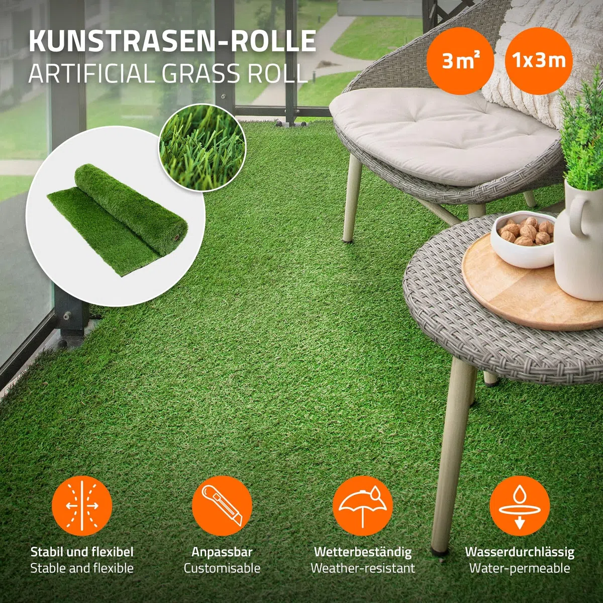 ECD Germany Gazon Synthétique 35mm Rouleau 3m² (1x3m), Vert Multinuancé, Drainage Rapide et Facile à Découper, Résistant Intempéries, Tapis Artificiel Pelouse Herbe Fausse Revêtement de Sol de Jardin
