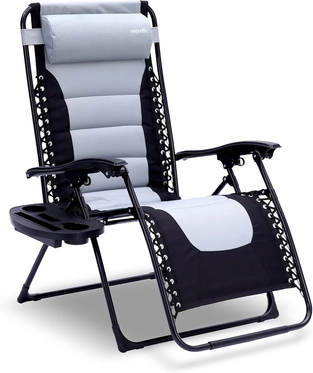 SereneLife Chaise Pliante - Chaise Longue Réglable pour Extérieur - avec Plateau Porte-Gobelet Détachable - Relax Pliable avec Coussins Amovibles - Gris et Noir