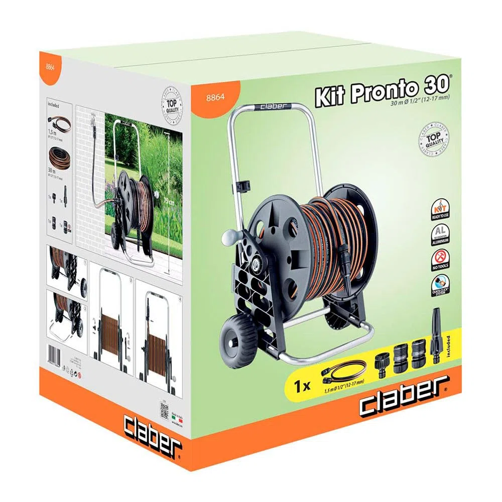 Claber Kit Pronto 30, chariot dévidoir en aluminium et plastique avec tuyau et lance d'arrosage
