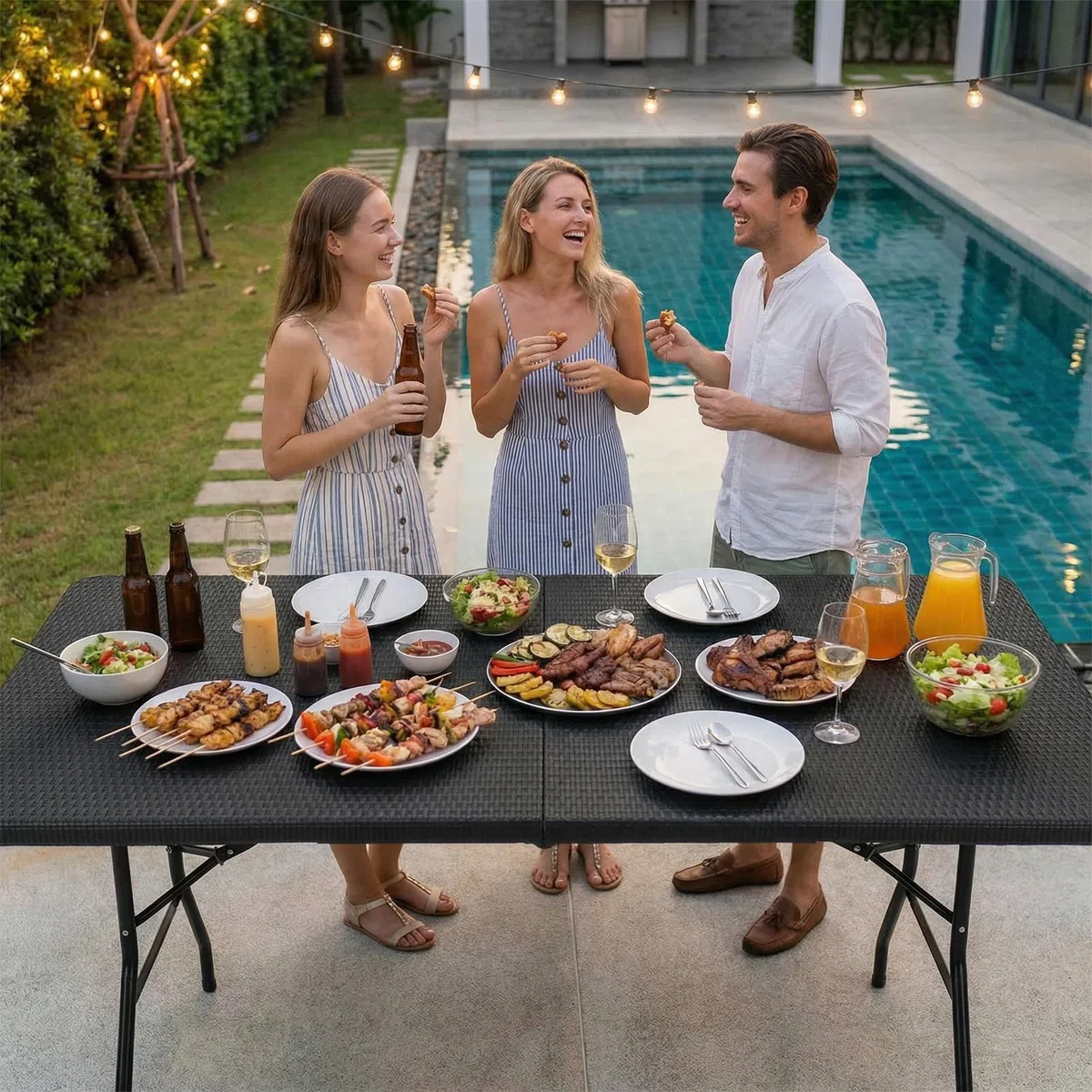 LIFERUN Table de Camping Pliant 180x75 cm,Table de Jardin en HDPE Plastique | avec Poignée, Résistant, Capacité 10 Personnes, Charge Max 150 kg, pour Terrasse et Balcon,Fête ou Plage,Design Rotin-Optique