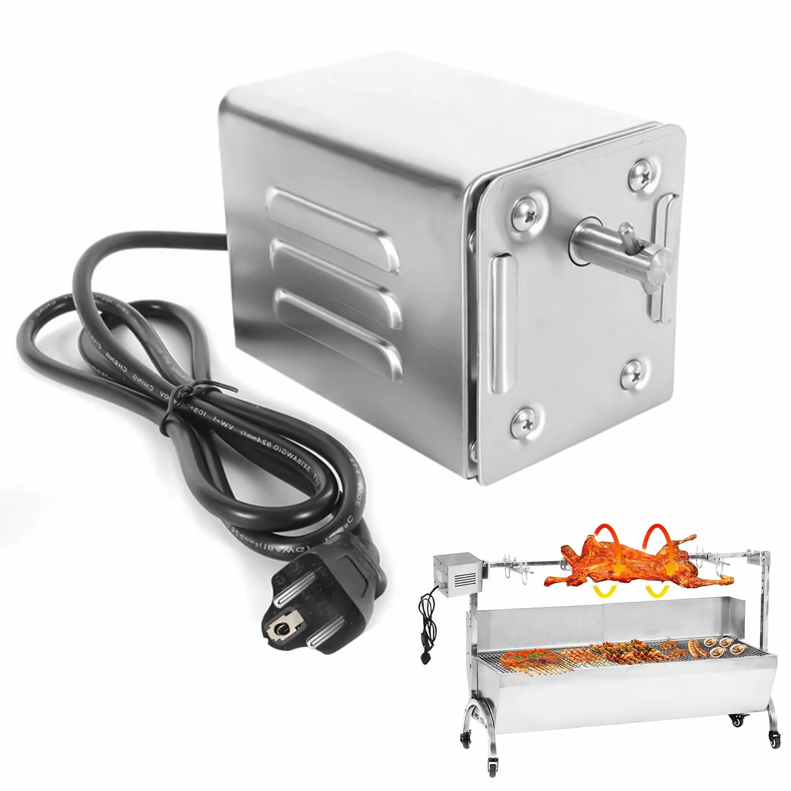SP-S40 15W 60KG/132LBS Moteur électrique pour Barbecue en Acier Inoxydable, 2.7 RPM Moteur Professionnel pour Barbecue, Poulet, Porc, Chèvre grillée à l'extérieur