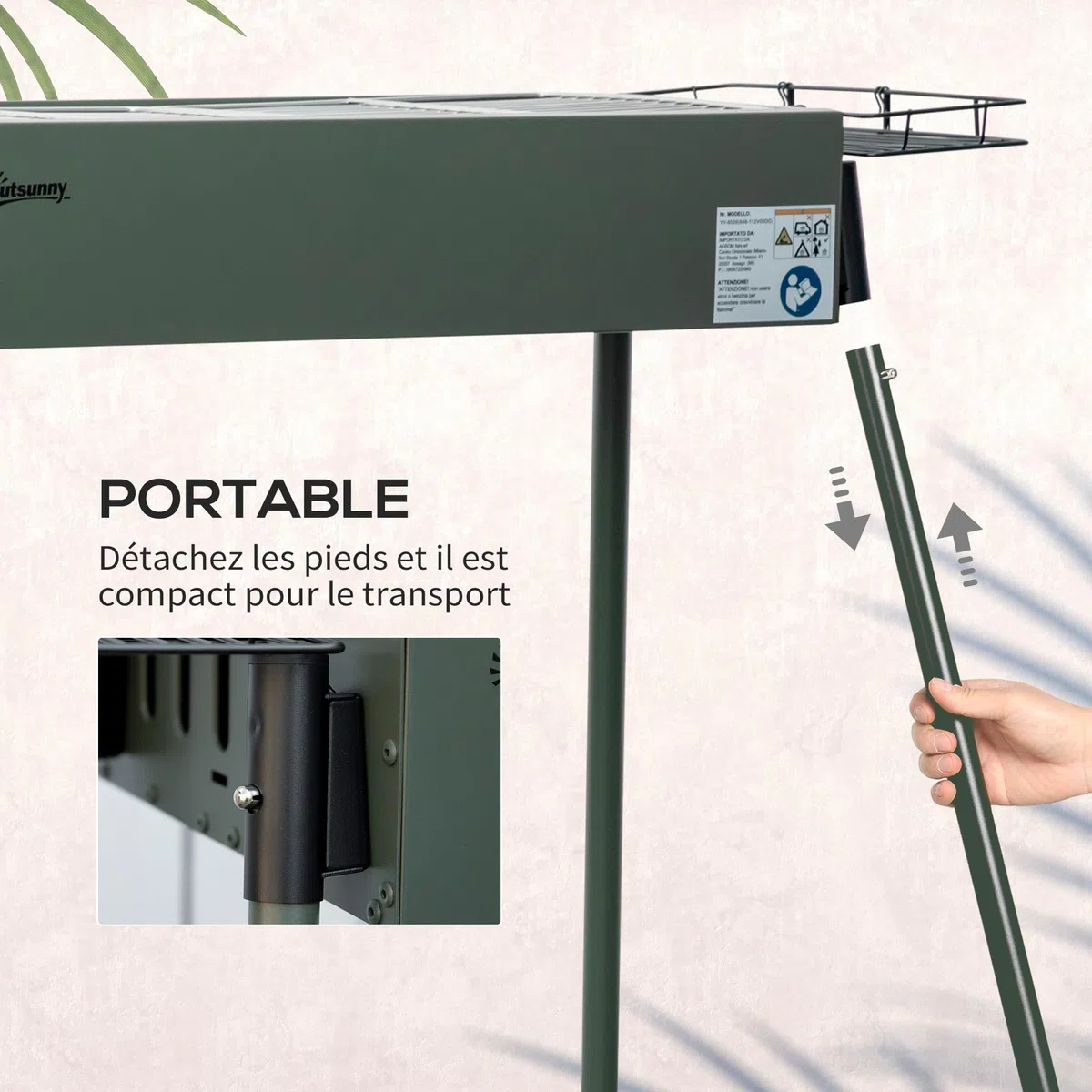 Outsunny Barbecue au charbon de bois avec 2 grilles, Portable BBQ Grill sur Pieds amovibles et 2 paniers latéraux, 94L x 39l x 70H cm, vert foncé