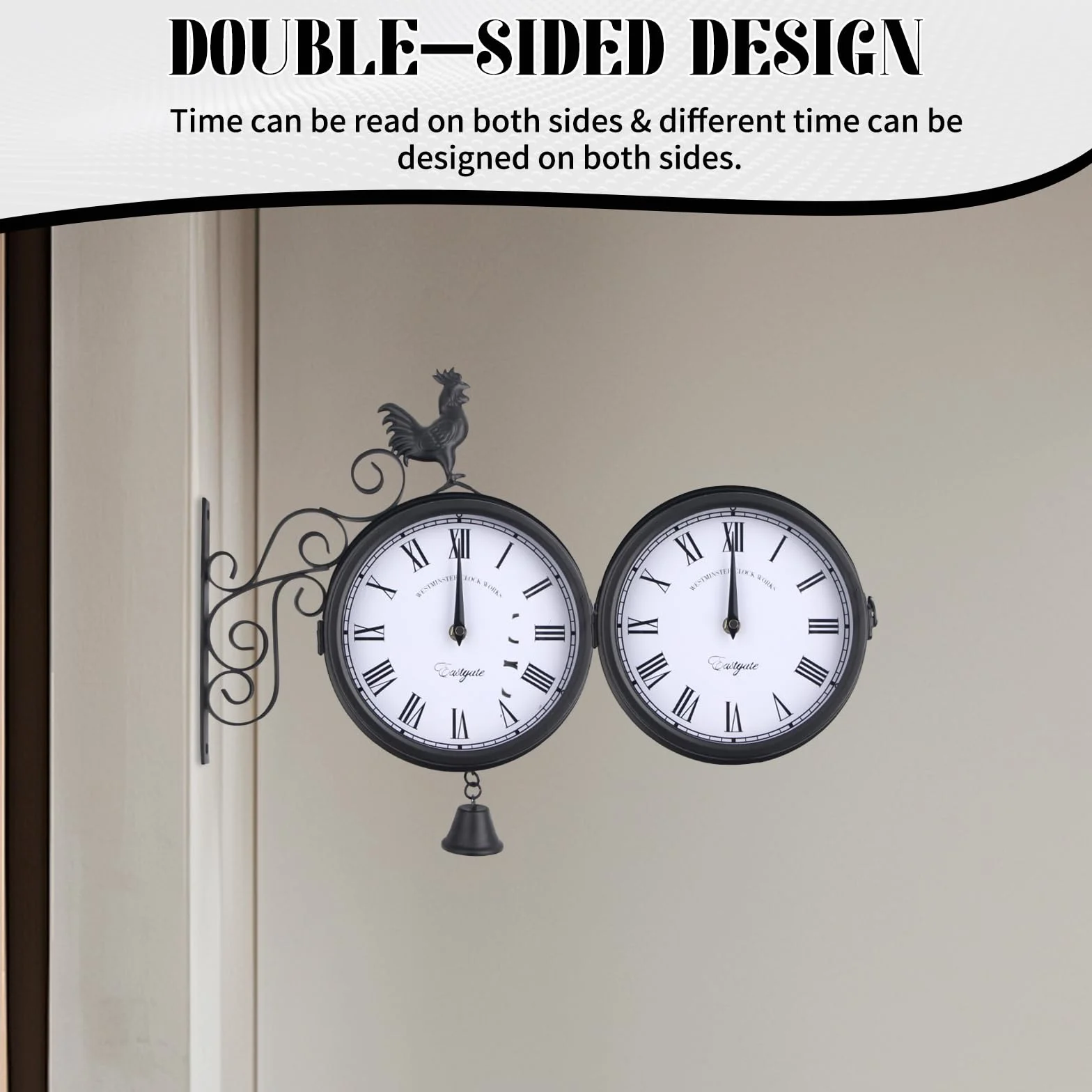 Horloge de jardin - Horloge de gare - Montre Résistante aux intempéries - Design double face - Étanche - 20 cm - Rétro - Avec support mural - Pour jardin, couloir, véranda, gare - Noir