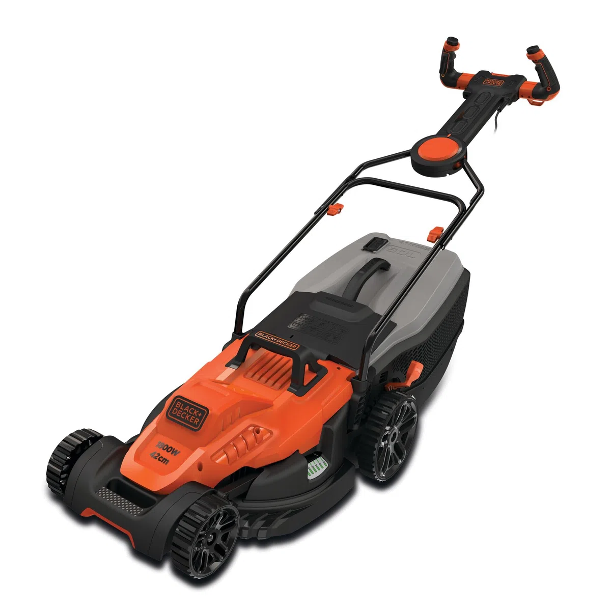 BLACK+DECKER Tondeuse Filaire 1800W, Tondeuse à Gazon Electrique 42 cm, 6 hauteurs réglables 20, 30, 40, 50, 60 et 70 mm, Tondeuse avec Poignée EASYSTEER 3 Positions, BEMW481ES-QS