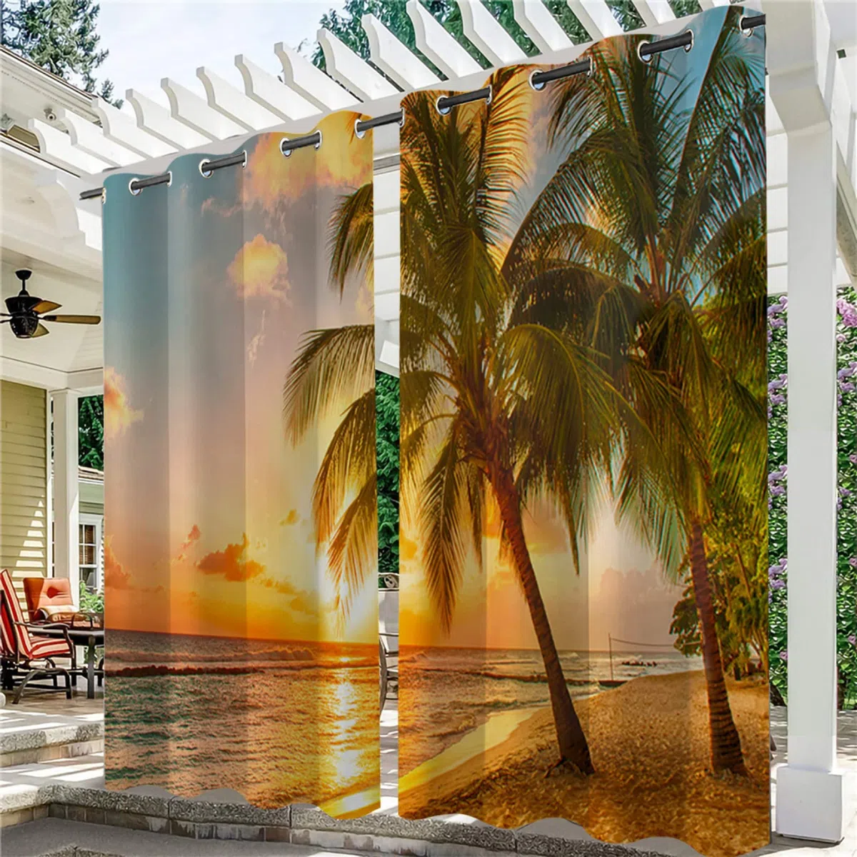 3D Rideaux d'extérieur Imperméable, Rideau Occultant Thermiques Rideau Exterieur Terrasse Rideau pour Pergola Tonnelle Cabane Jardin, 2 Pièces 132 x 213 cm, Mer Coucher de Soleil 4