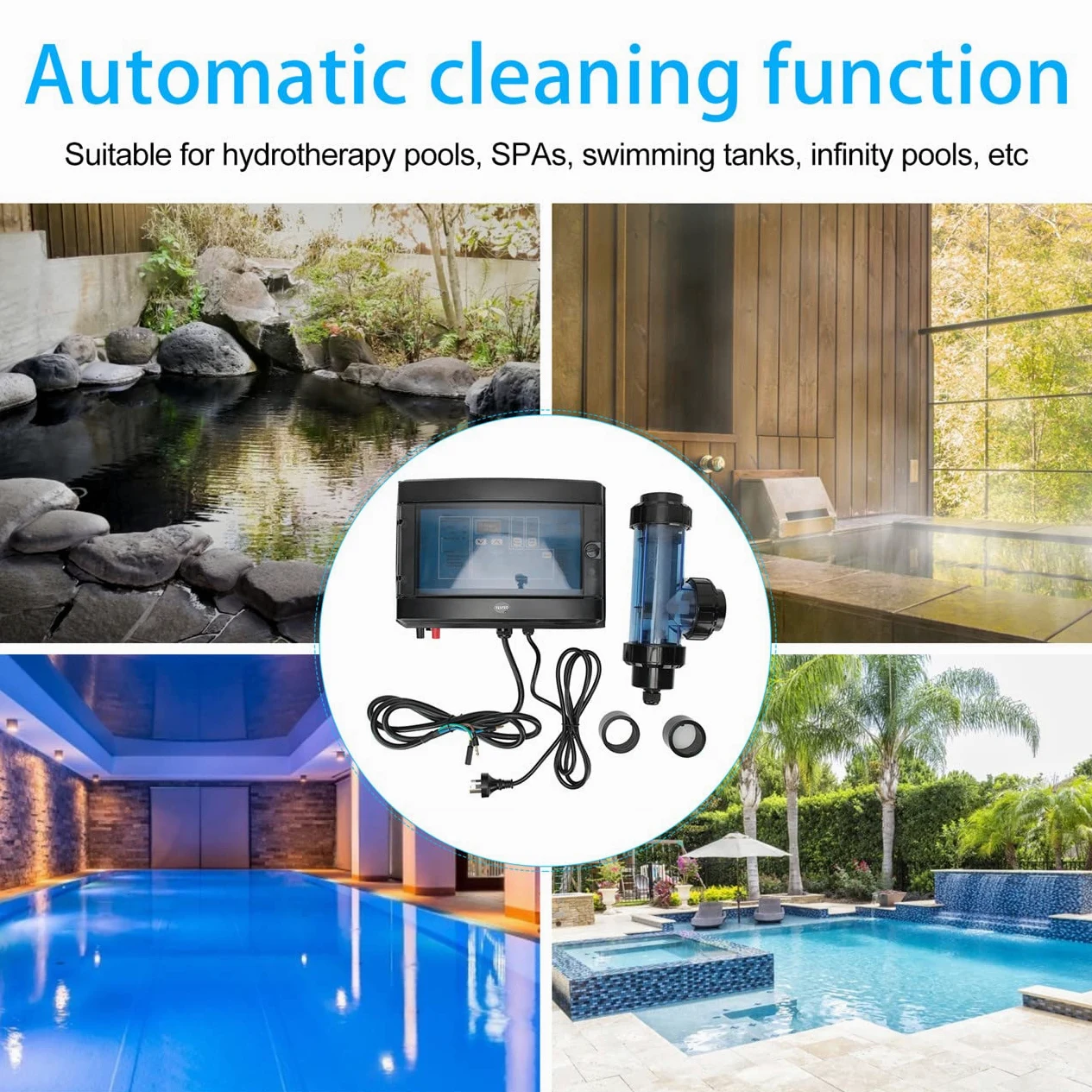 Générateur de chlore salin pour traitement de l'eau de piscine et spa, chlorinateur électrolytique avec sortie réglable pour une purification efficace de l'eau