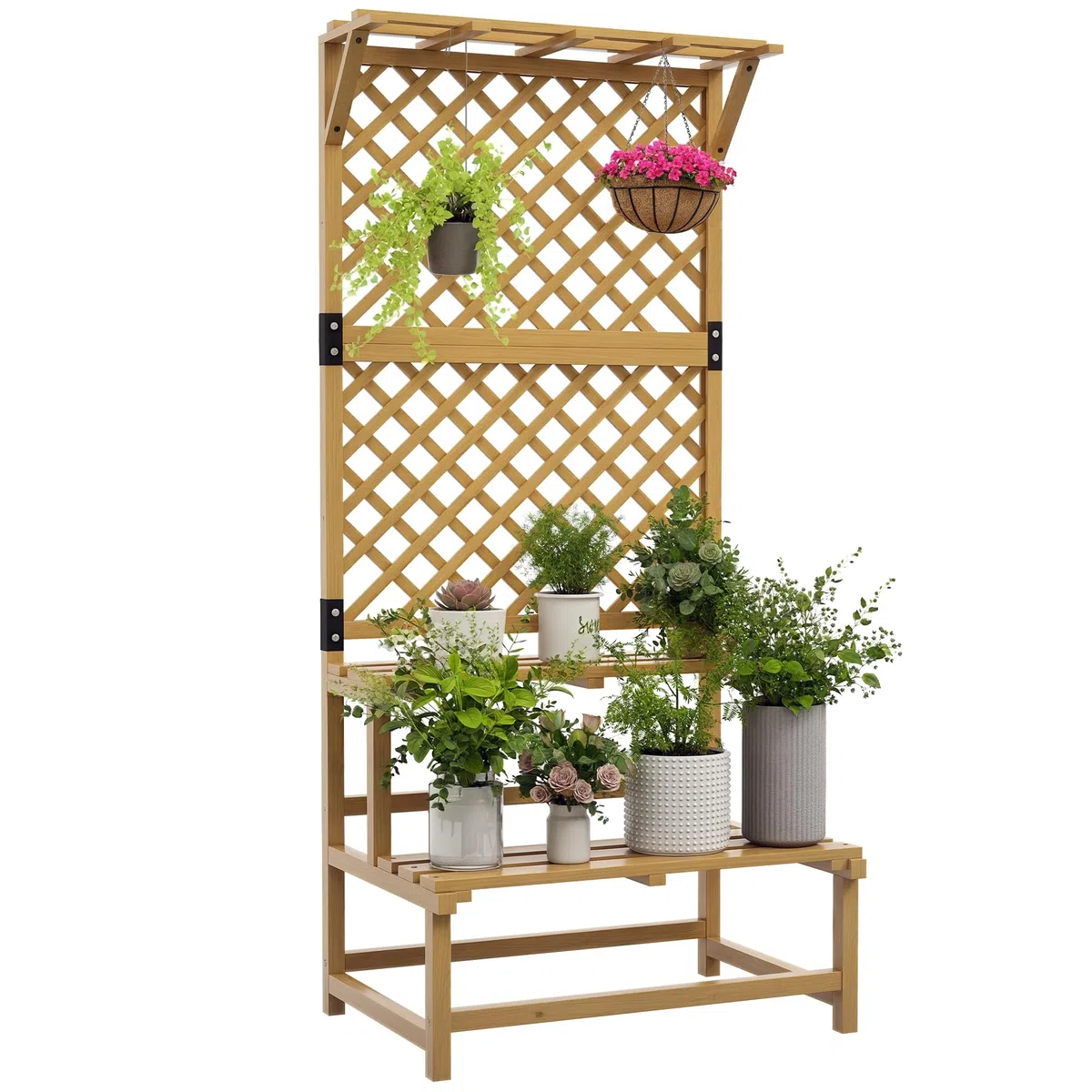 Outsunny Escalier à fleurs avec tuteur, 2 marches, toit, escalier pour plantes d'intérieur et extérieur, support de fleurs en bois, étagère à fleurs à plusieurs étages pour jardin, balcon, 75 x 50 x