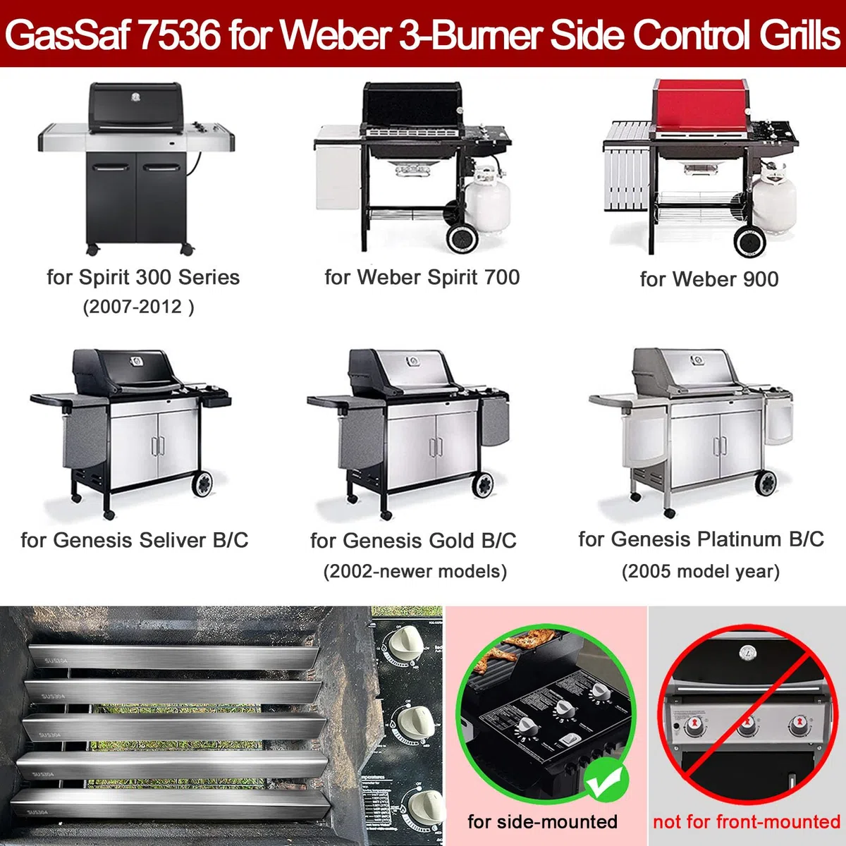 GasSaf Barre aromatisante de 57,1 cm pour Weber Spirit 300 avec panneau de commande latéral, 304 barres aromatisantes de rechange pour Weber 7536 7537
