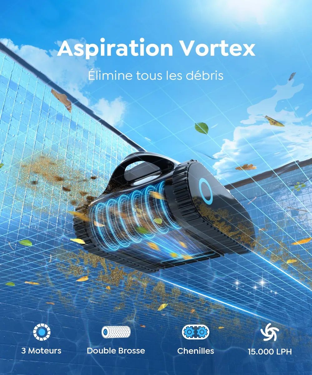 C1 Robot Piscine Fond et Parois, Ligne d'eau, Double Filtre, Robot Piscine sans Fil, 7 Modes, 180 Min d'Autonomie, Puissant Aspirateur pour Piscines jusqu'à 150 m², Gris