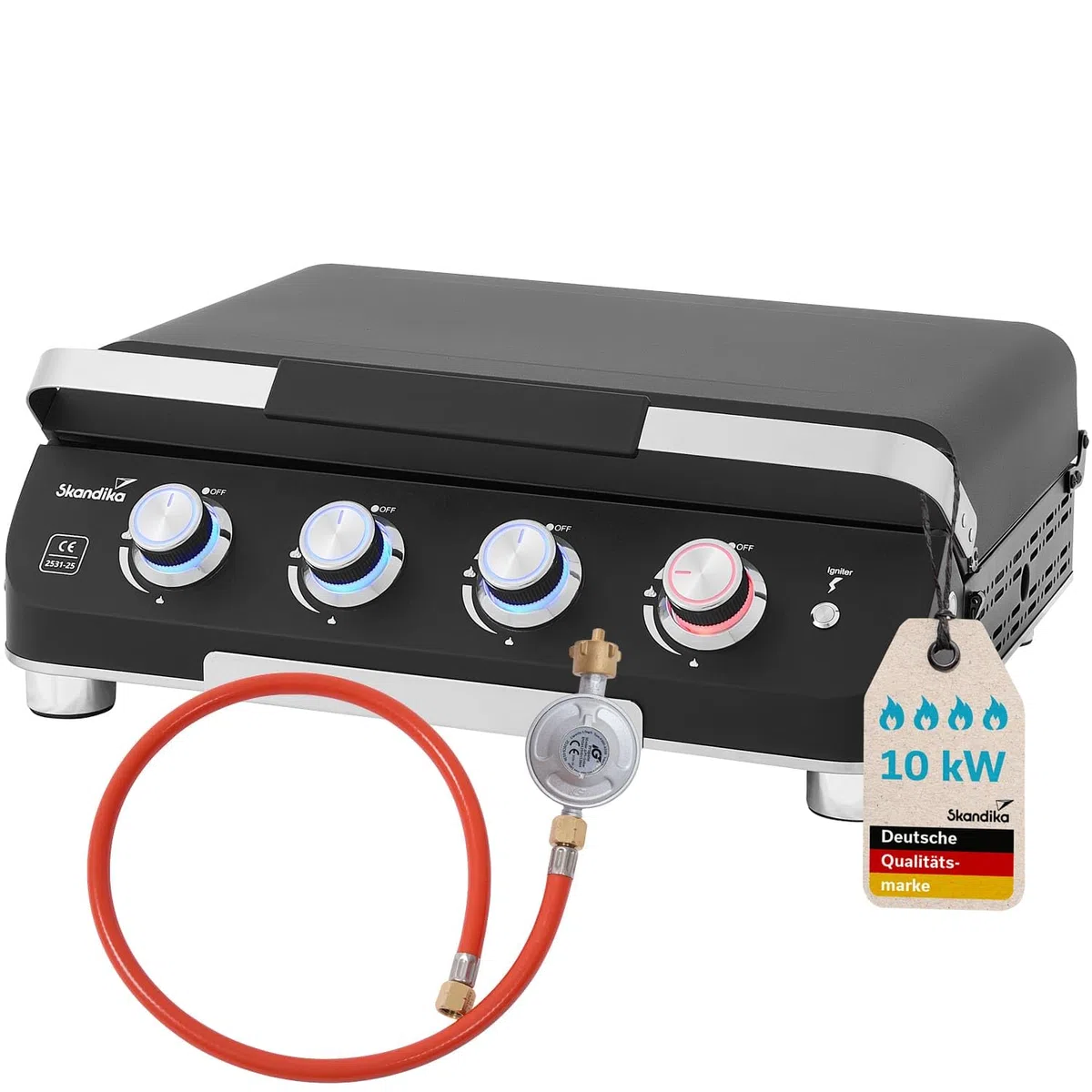 Skandika Plancha à gaz Palo | Plaque de cuisson à 3 ou 4 brûleurs, égouttoir, barbecue à gaz transportable avec plaque plancha | Camping, bbq de table, jardin (4 brûleurs avec couvercle)