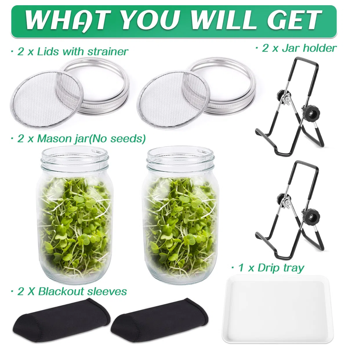 Kit de germination de graines avec 2 bocaux Mason à large ouverture - Kit de culture de germes de haricots - Pot de culture avec couvercles en maille - Pour faire pousser du brocoli, de la luzerne, du