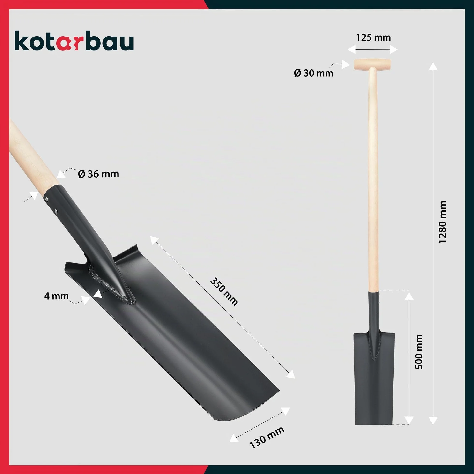 KOTARBAU Pelle de drainage 380 x 147 mm pour manche de 38 mm de diamètre - Lame en acier longue étroite pour transplantation avec manche en bois