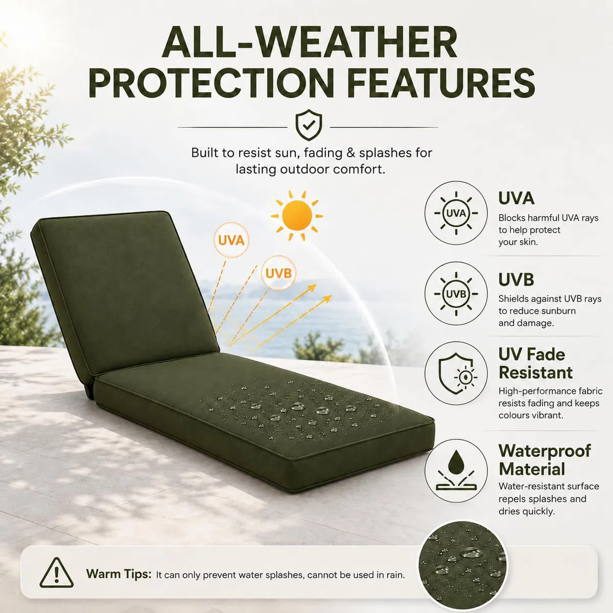 Coussin Exterieur Impermeable avec Mousse 50D, Coussin Transat Bain De Soleil À Accoudoirs & 6 Sangles, Matelas De Remplacement Épais pour Chaise Longue Jardin,Sky Blue,188x58x8cm