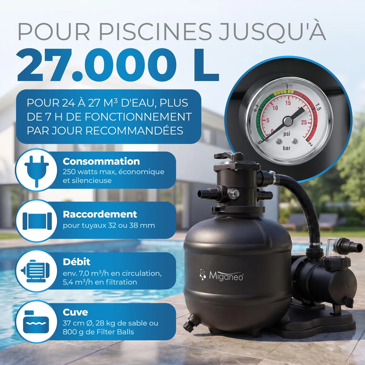 Miganeo Filtre à Sable Dynamic 8000 Pro - Noir | 8000 l/h | Système de filtration pour piscines | Chaudière 370 mm | auto-suceur