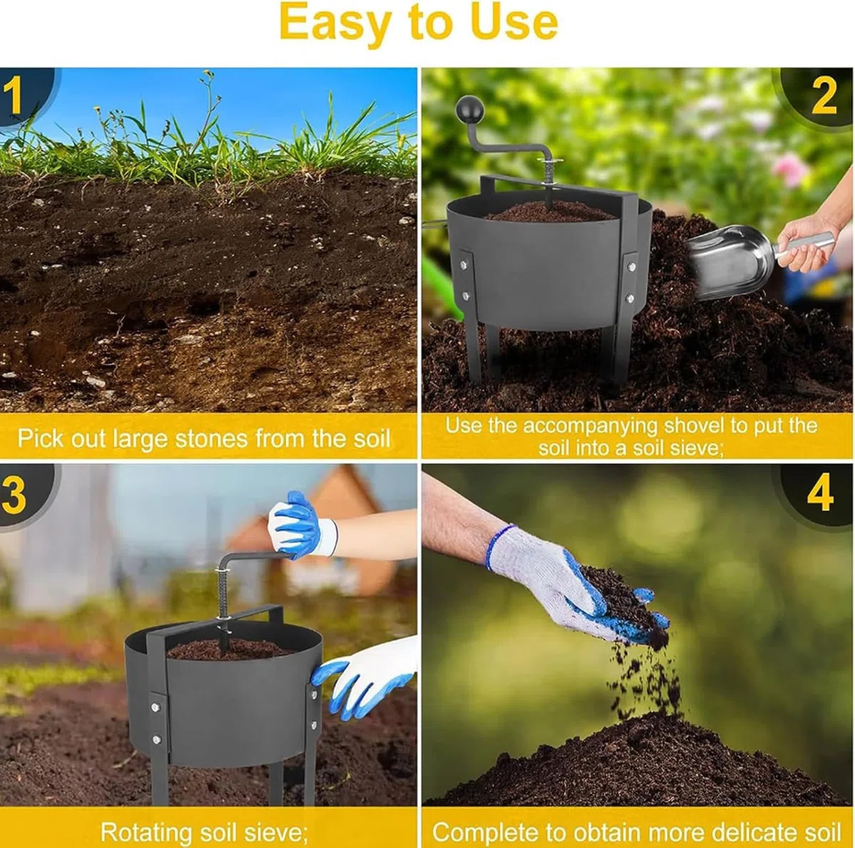 McbeAn Tamis De Sol Rotatif, Maille De Tamisage De Rempotage De Jardin avec Gants De Jardin, Tamisage De Maille De 0,2", Nettoyage Rapide À Haute Efficacité, Outils De Jardin De Tamis À Compost