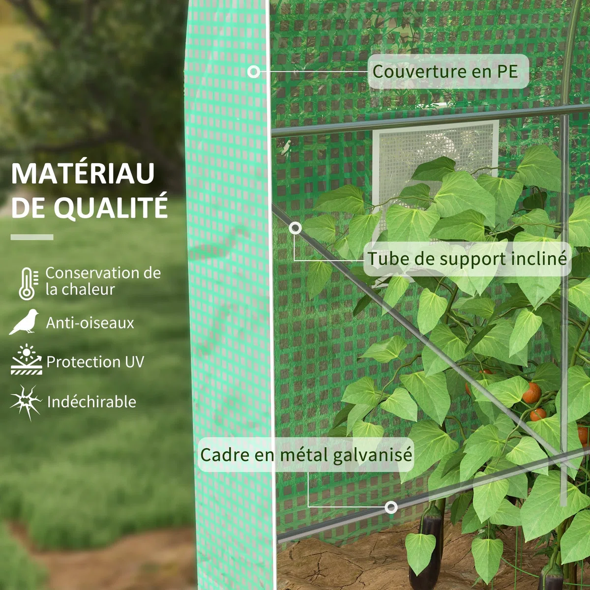 Outsunny Serre de Jardin Tunnel Serre à Tomates 8 m² 4L x 2l x 2,05H m Vert | Châssis Tubulaire Renforcé, Double Porte Zippée, 6 Fenêtres Enroulables