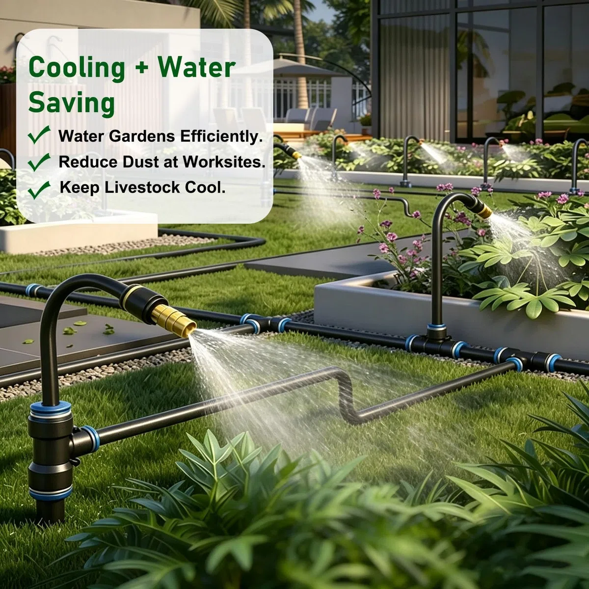 Kit Arrosage Automatique Kit de Système D'irrigation Goutte-à-Goutte Flexible | Kit de Brumisation Rafraîchissante Anti-fuite avec Tuyau en PE, Buses en Laiton Réglables et Raccords en T(65m/213ft)