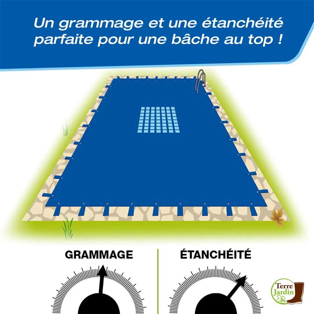 TERRE JARDIN Bache Piscine Hivernage en Polyéthylène 140g/m² - Bache Protection pour Piscine Rectangulaire - Bâche Résistante Oeillets Aluminium Pattes d'attache - 7 x 4 - Bleu