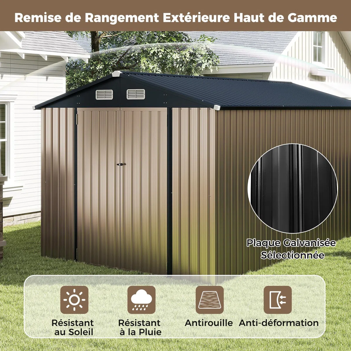 COSTWAY Abri de Jardin Métal 7.8 m², Toit Double Pente, Double Porte Verrouillable avec Clé, 4 Aérations, Cabane de Jardin Exterieur pour Vélo, Poubelle, Outil, Anthracite (7.8 m²)