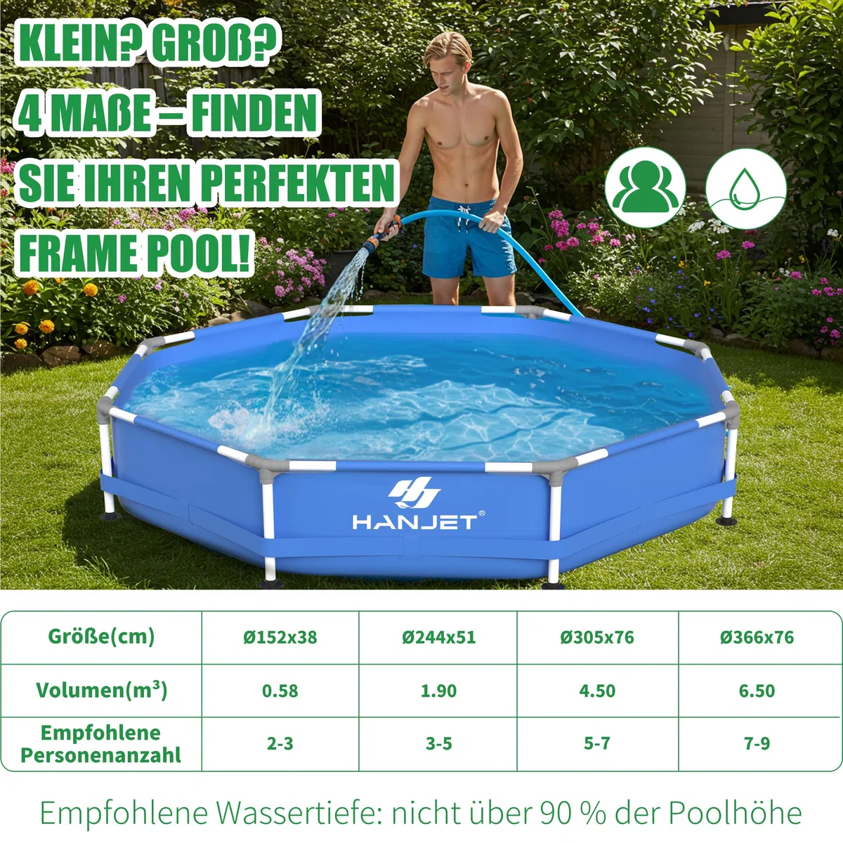 Steel Frame Piscine à cadre en polyéthylène (pas de PVC) – Piscine de jardin hors sol – Piscine d'été avec cadre en acier pataugeoire pour l'extérieur arrière-cour – Ronde, bleue (diamètre 366
