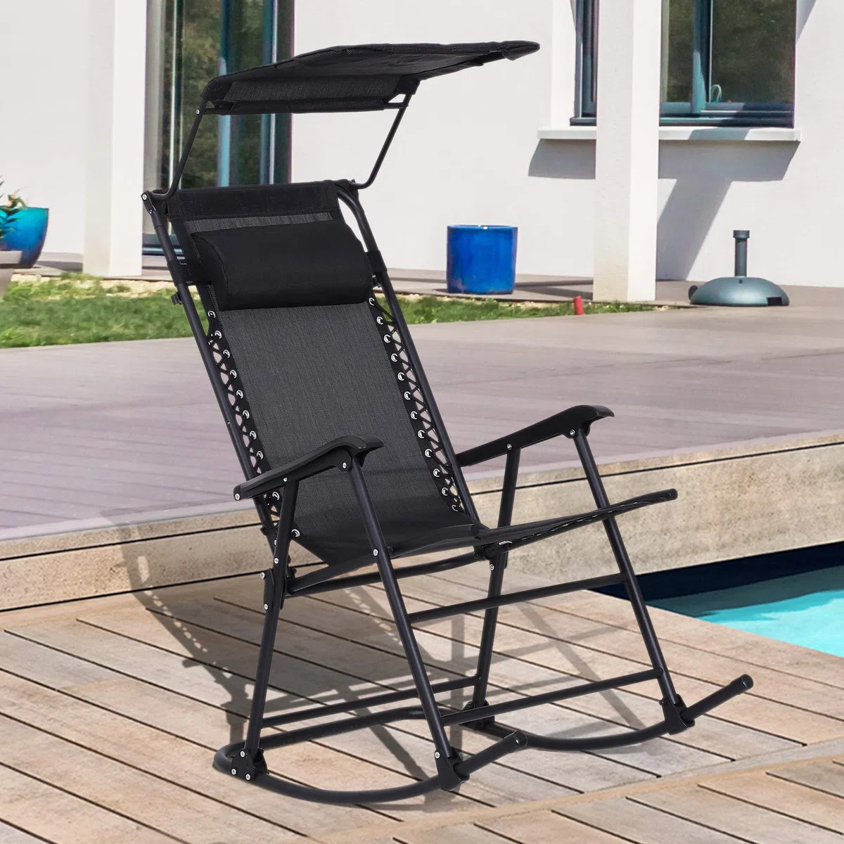 Outsunny Fauteuil à Bascule Rocking Chair Pliable de Jardin dim. 105L x 64l x 125H cm tétière + Pare-Soleil Inclus Acier époxy textilène Noir