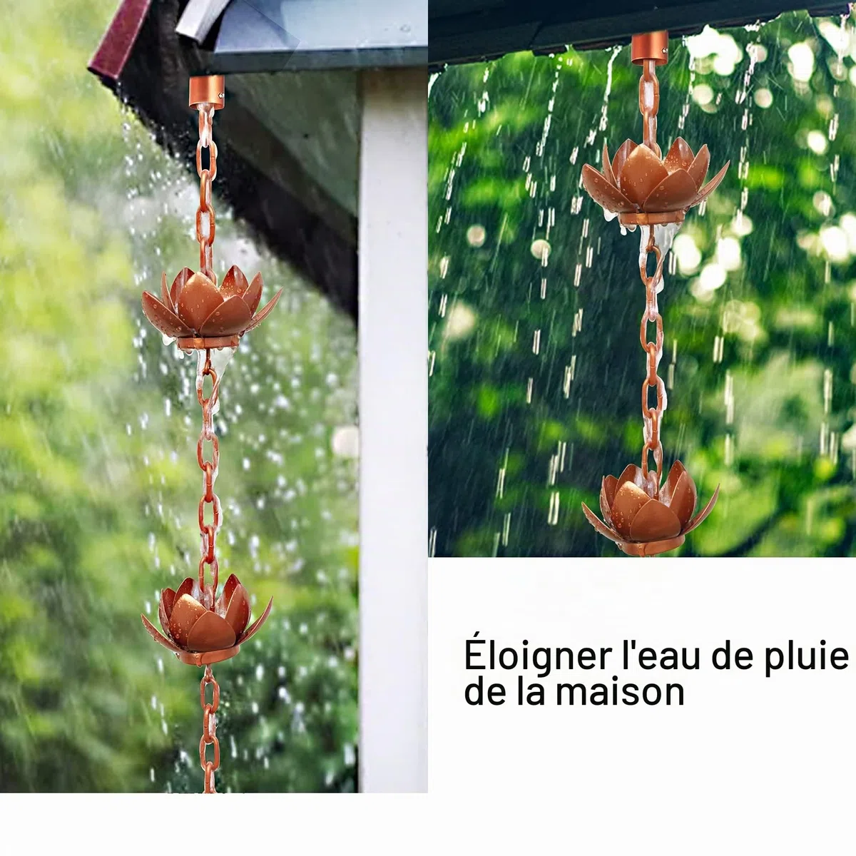 Rifachua 2,59 m Chaîne de Pluie pour Descentes de Pluviales Extérieures, Chaîne de Pluie en Cuivre avec Motif Lotus, Remplacement Fonctionnel et Décoratif pour Descentes de Pluviales