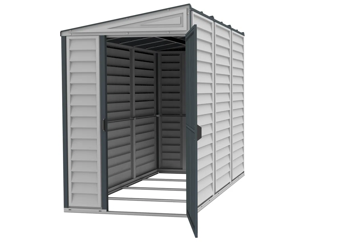 Duramax SideMate PLUS 4 x 8 (2.91 m²) abri de jardin en plastique avec kit de fondation en métal, porte réversible, structure de toit en métal robuste, abri en vinyle sans entretien, Gris foncé/ Adobe