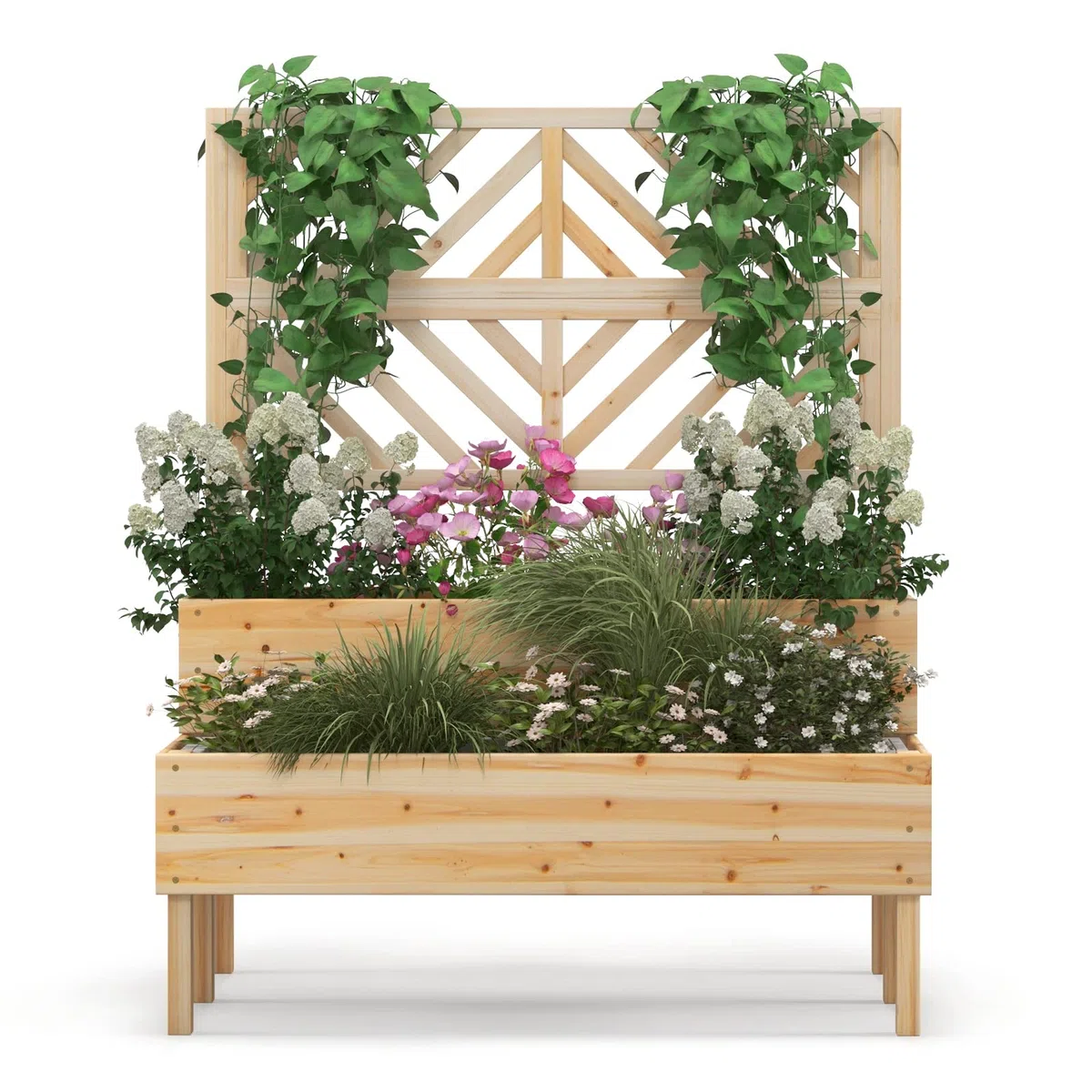 GOPLUS 2 en 1 Jardinière Surélevée avec Treillis en Bois à 2 Niveaux pour Vigne, Bac à Fleurs avec Trou de Drainage pour Légumes, Fruits, Herbes, Fleurs, pour Patio, Balcon, Terrasse