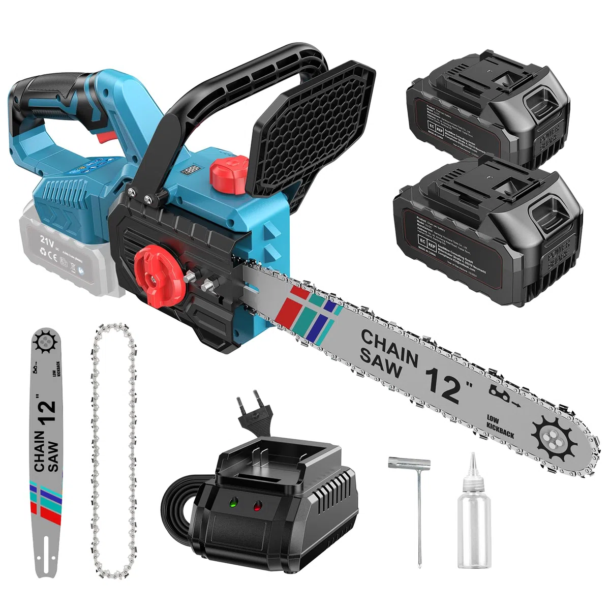Tronçonneuse à Batterie 12" Brushless1000W,Tronçonneuse Électrique avec Lubrification Automatique et Tension Rapide Sans Outil,Compatible avec Batterie Makita 18V LXT,2x4000mAh pour Abattage et Élague